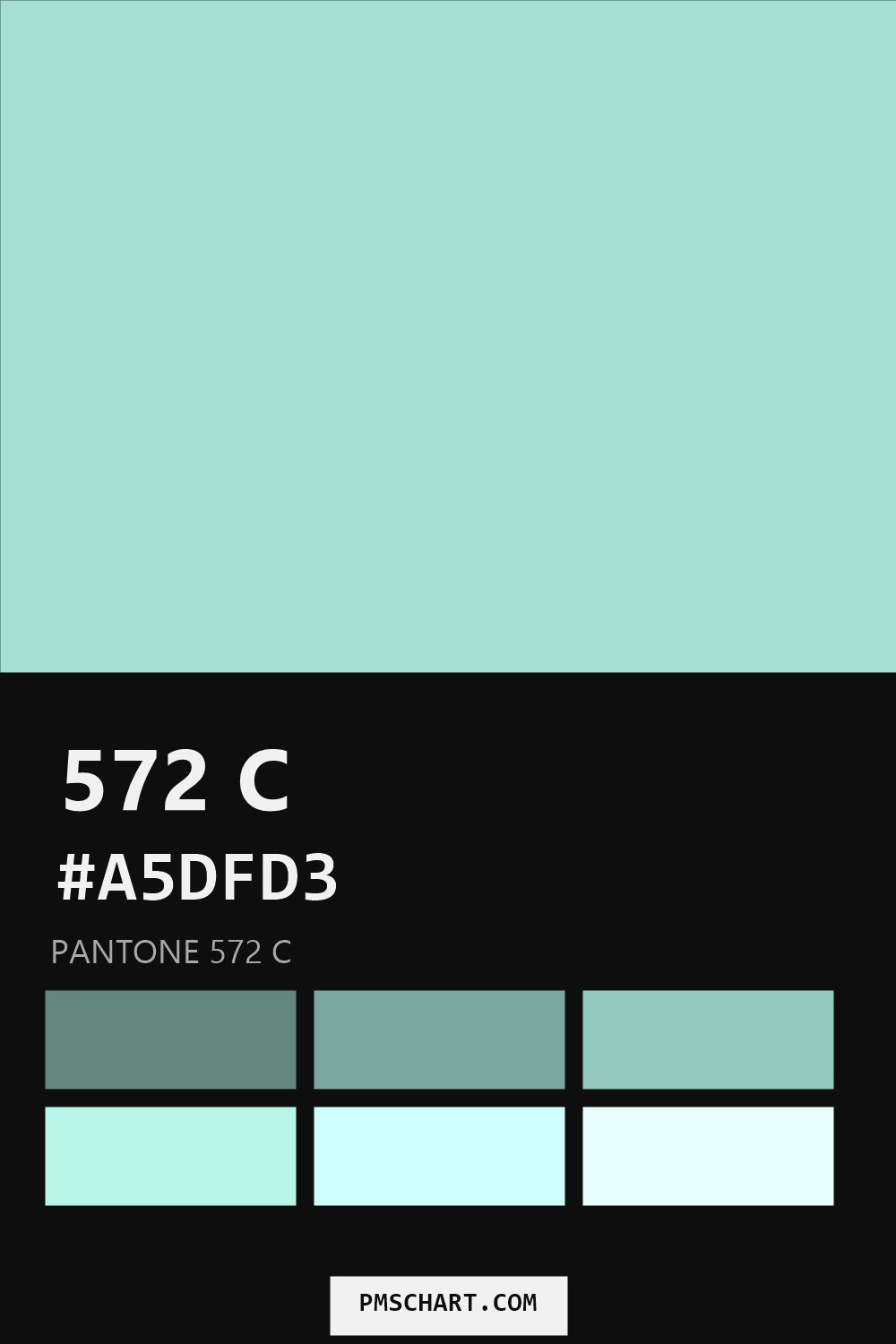 Pantone 572 C color reference card (HEX #A5DFD3) with six nearest Pantone matches
