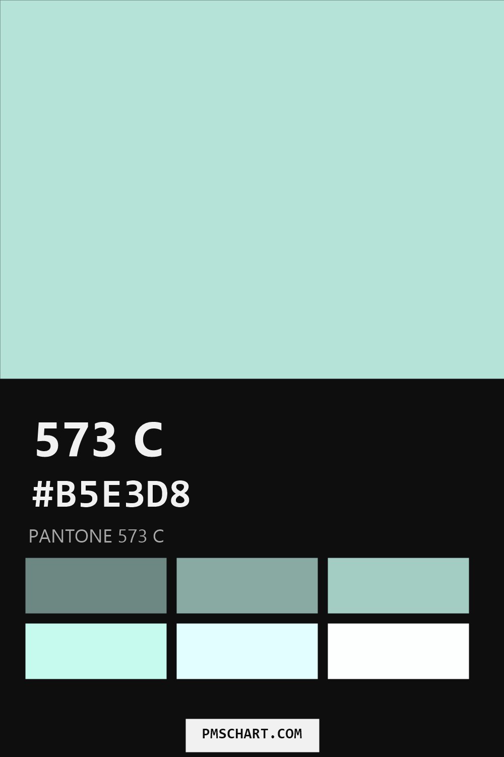 Pantone 573 C color reference card (HEX #B5E3D8) with six nearest Pantone matches