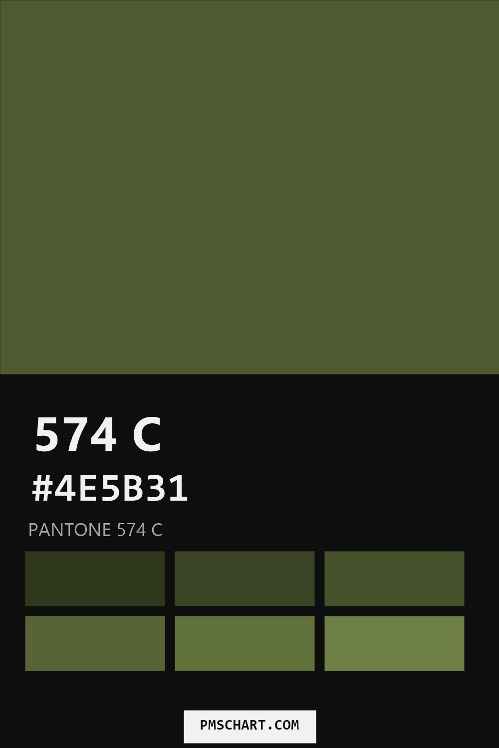 Pantone 574 C color reference card (HEX #4E5B31) with six nearest Pantone matches