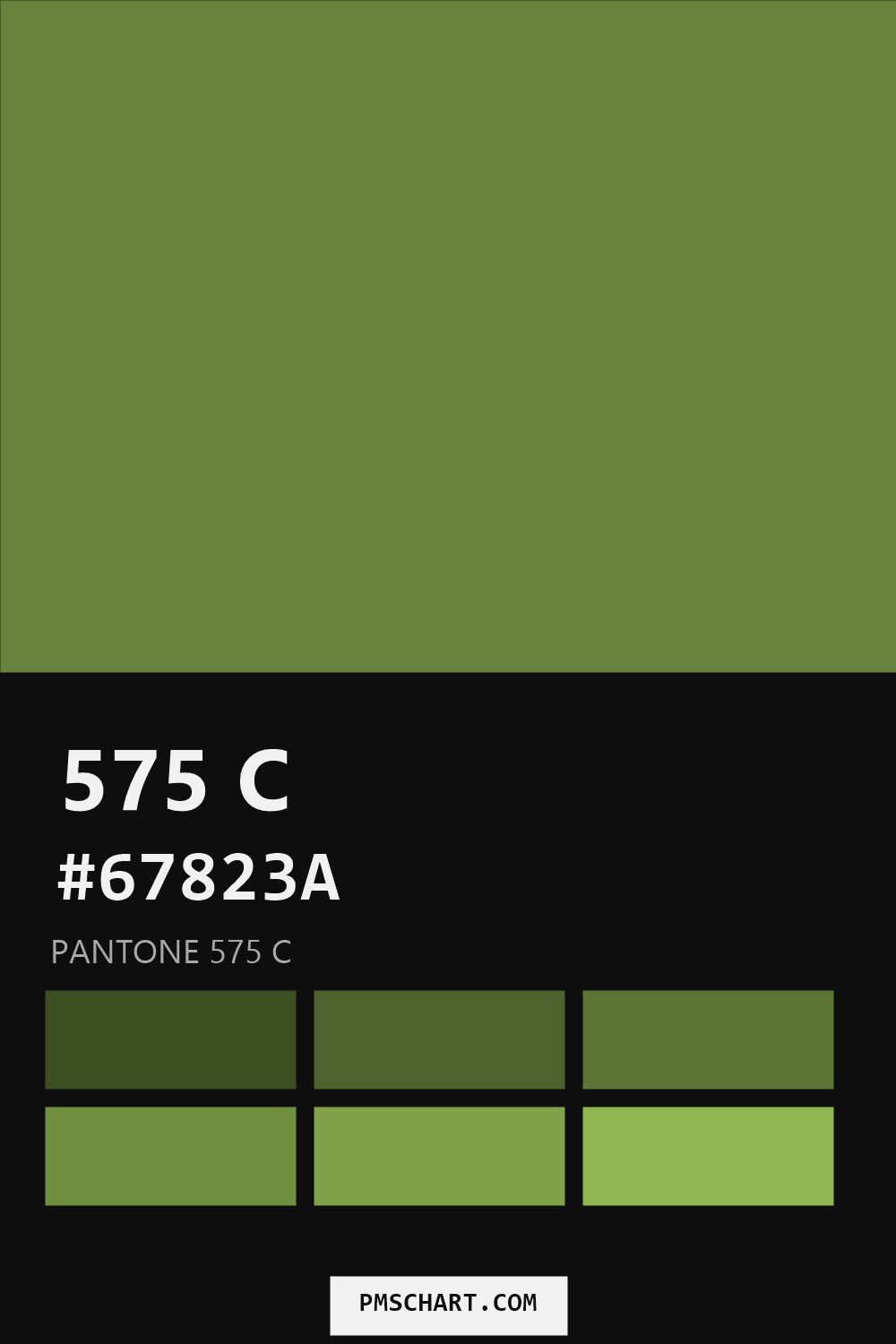 Pantone 575 C color reference card (HEX #67823A) with six nearest Pantone matches