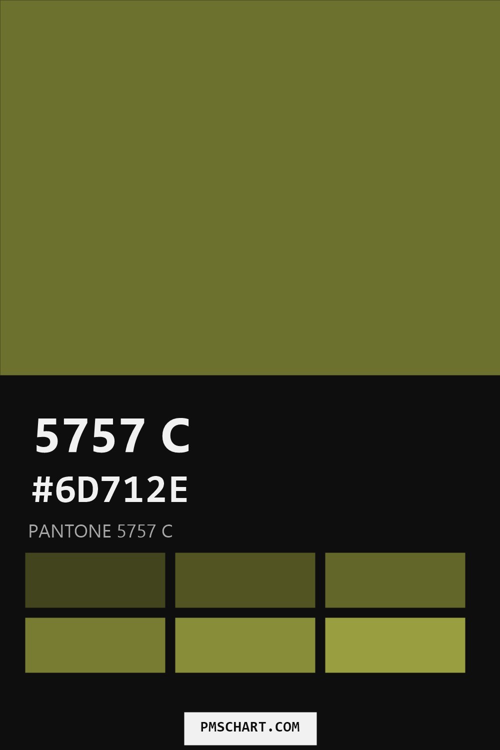 Pantone 5757 C color reference card (HEX #6D712E) with six nearest Pantone matches