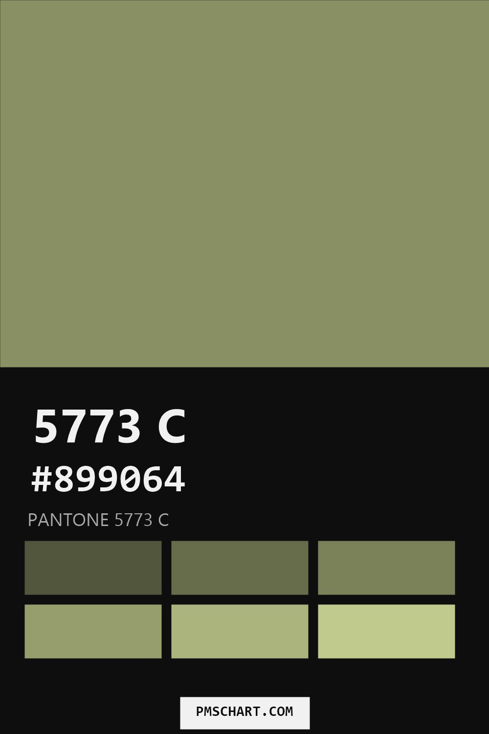 Pantone 5773 C color reference card (HEX #899064) with six nearest Pantone matches