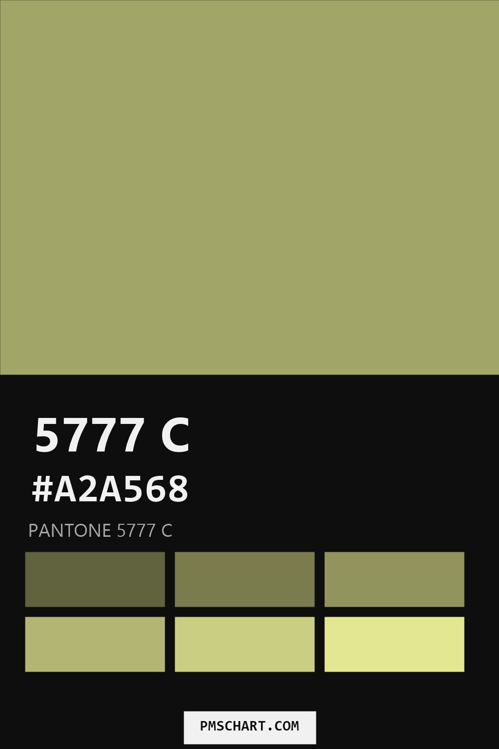 Pantone 5777 C color reference card (HEX #A2A568) with six nearest Pantone matches