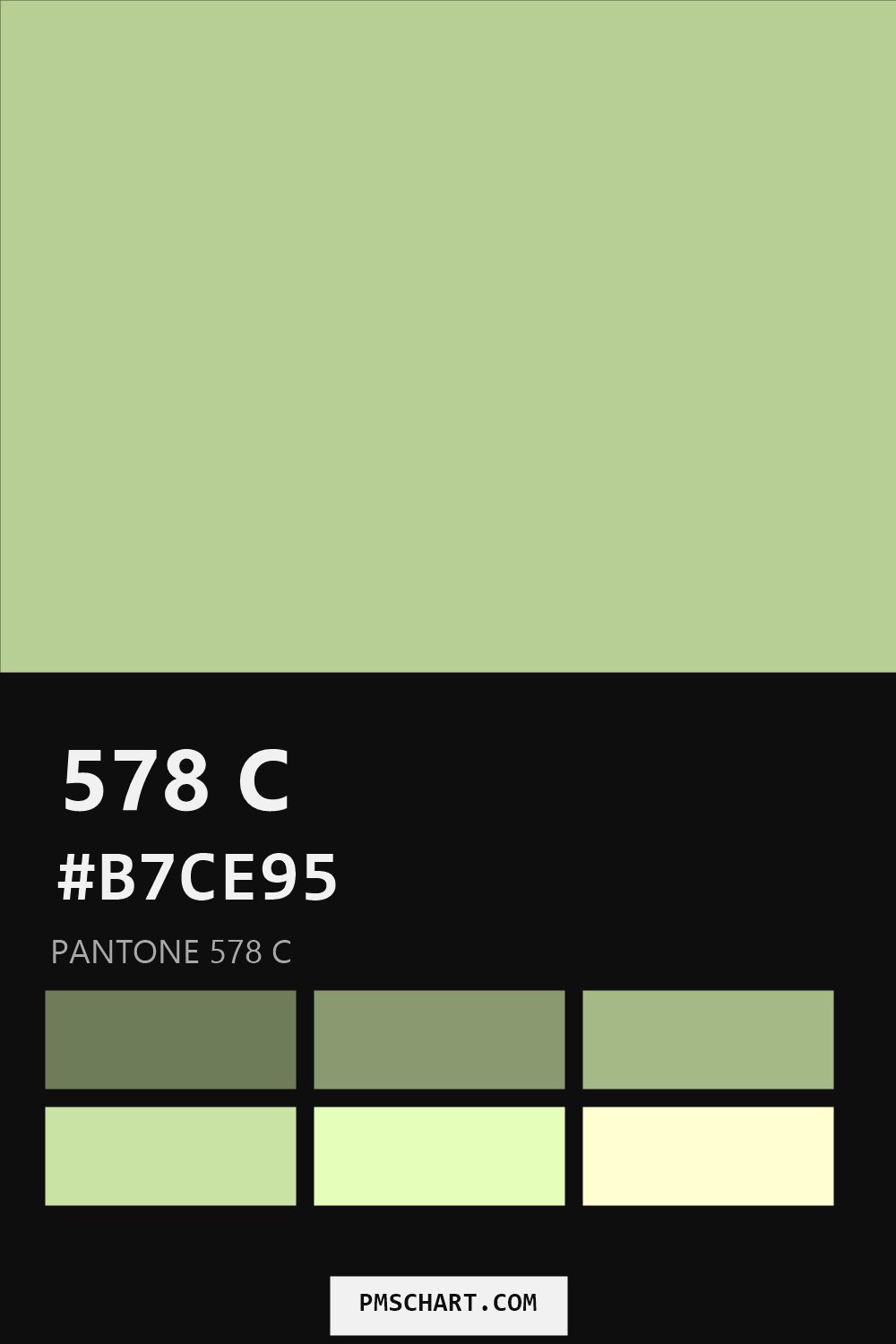 Pantone 578 C color reference card (HEX #B7CE95) with six nearest Pantone matches