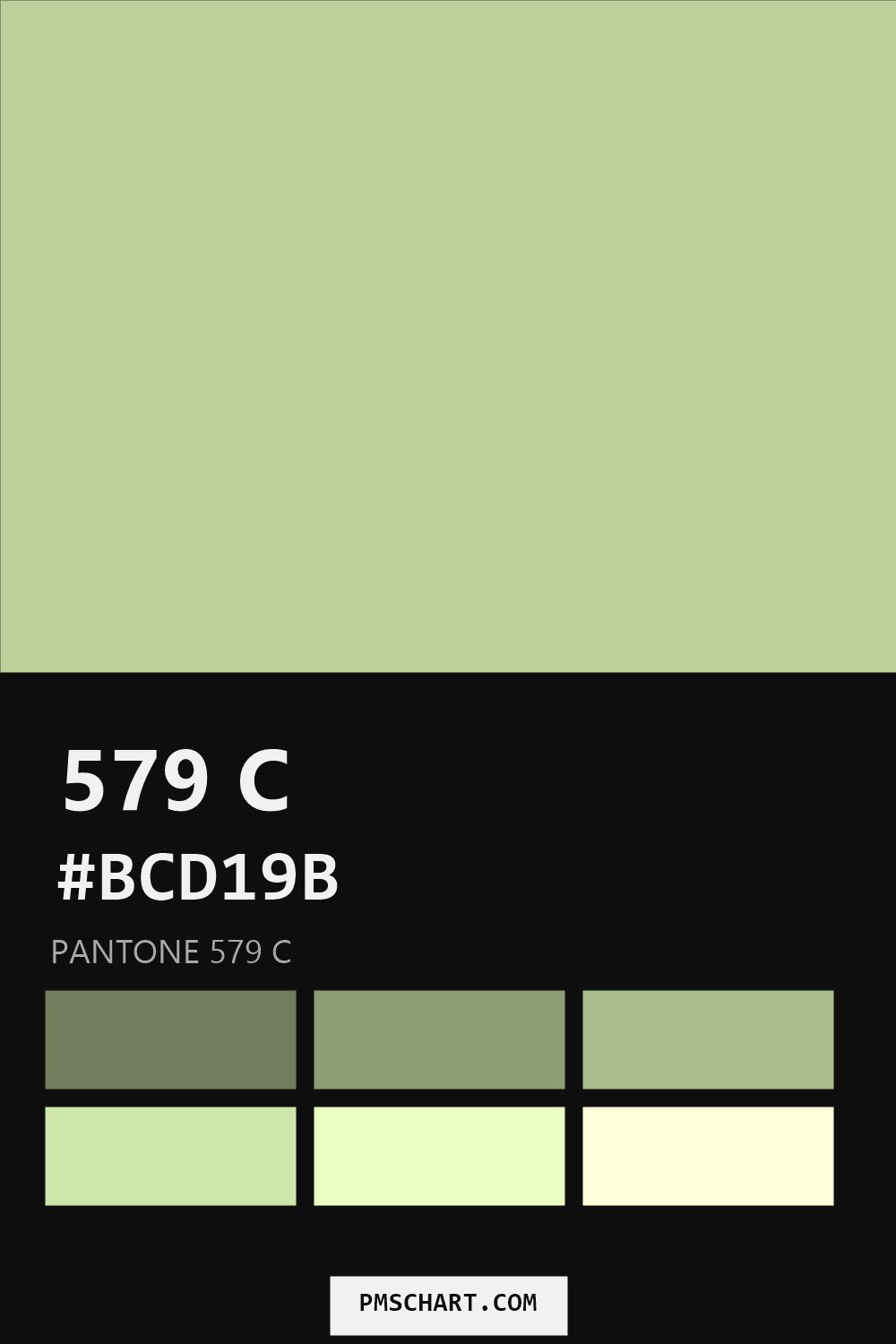 Pantone 579 C color reference card (HEX #BCD19B) with six nearest Pantone matches