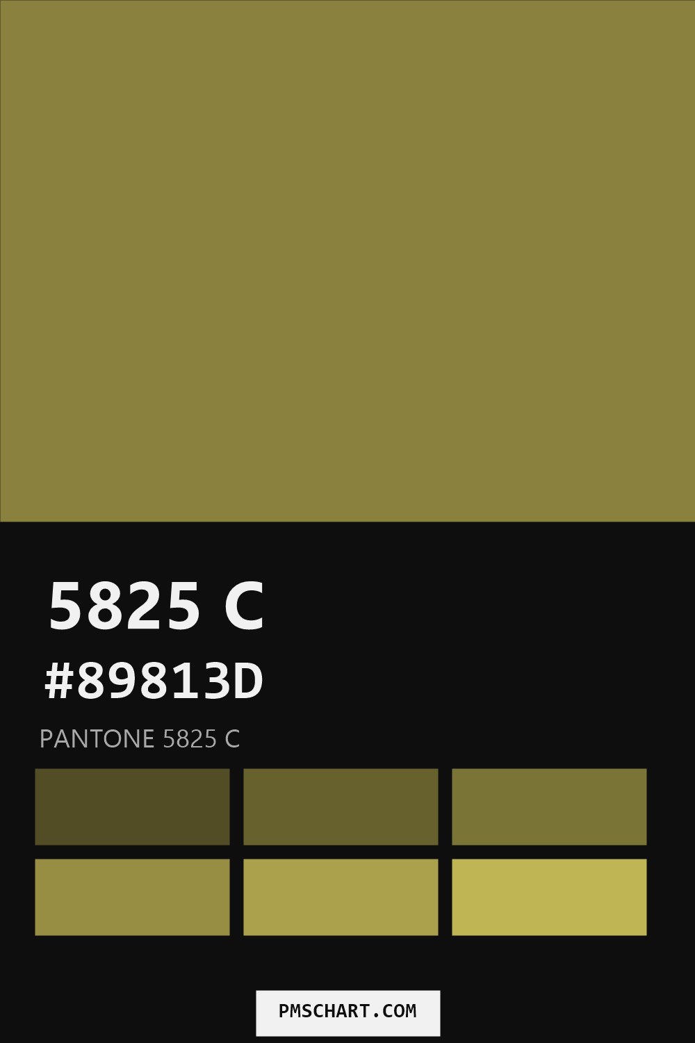 Pantone 5825 C color reference card (HEX #89813D) with six nearest Pantone matches