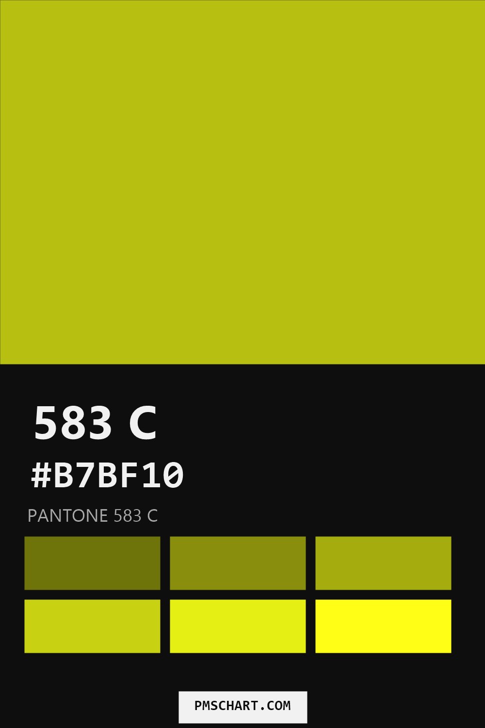 Pantone 583 C color reference card (HEX #B7BF10) with six nearest Pantone matches