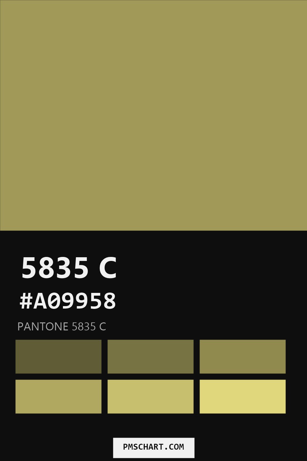Pantone 5835 C color reference card (HEX #A09958) with six nearest Pantone matches