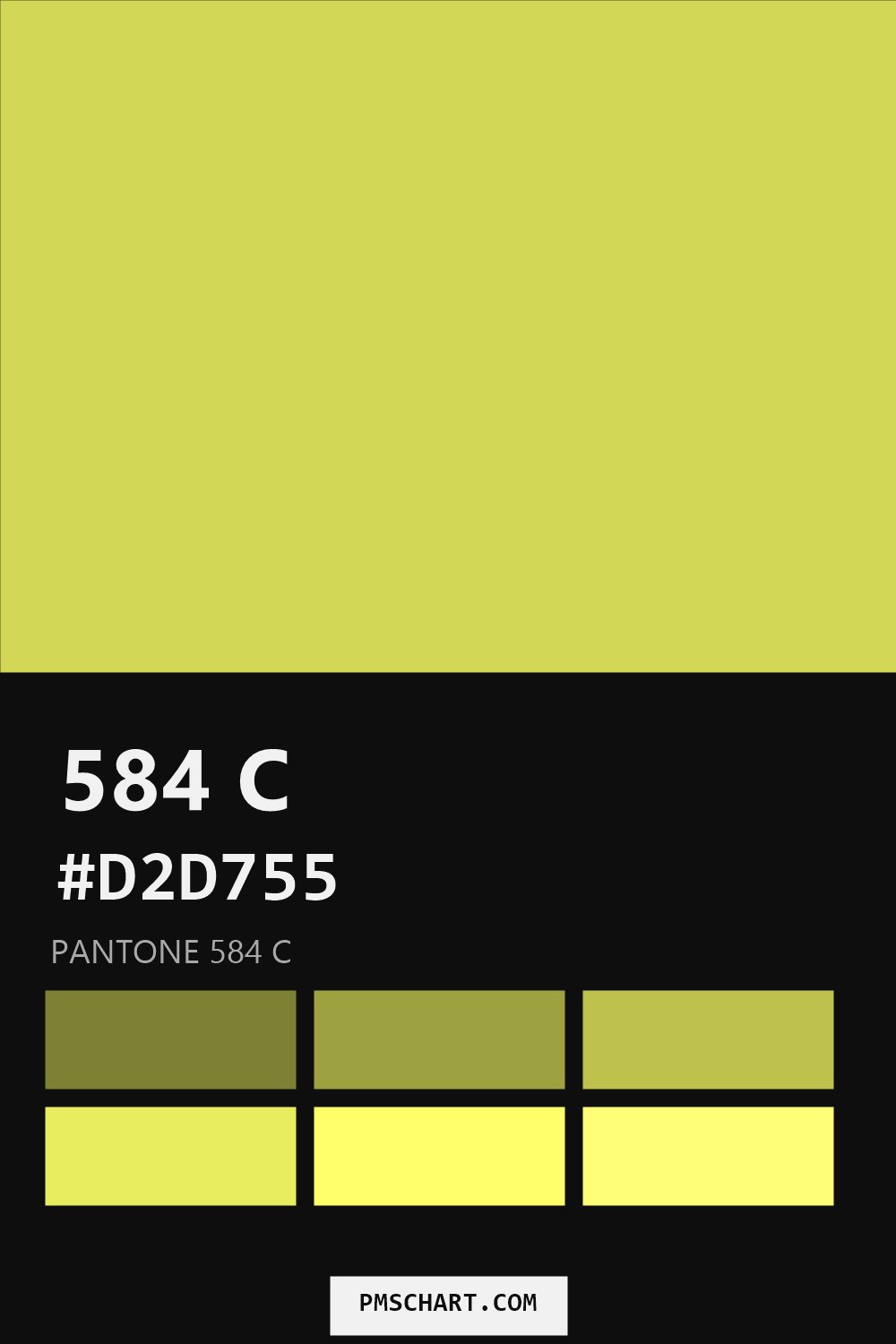 Pantone 584 C color reference card (HEX #D2D755) with six nearest Pantone matches