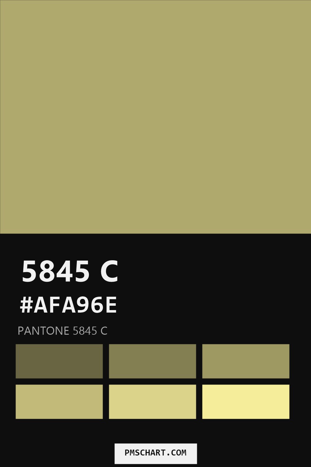 Pantone 5845 C color reference card (HEX #AFA96E) with six nearest Pantone matches