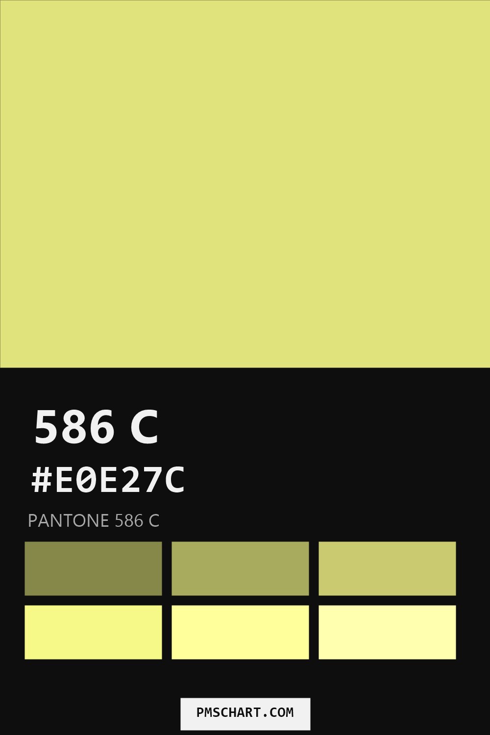 Pantone 586 C color reference card (HEX #E0E27C) with six nearest Pantone matches