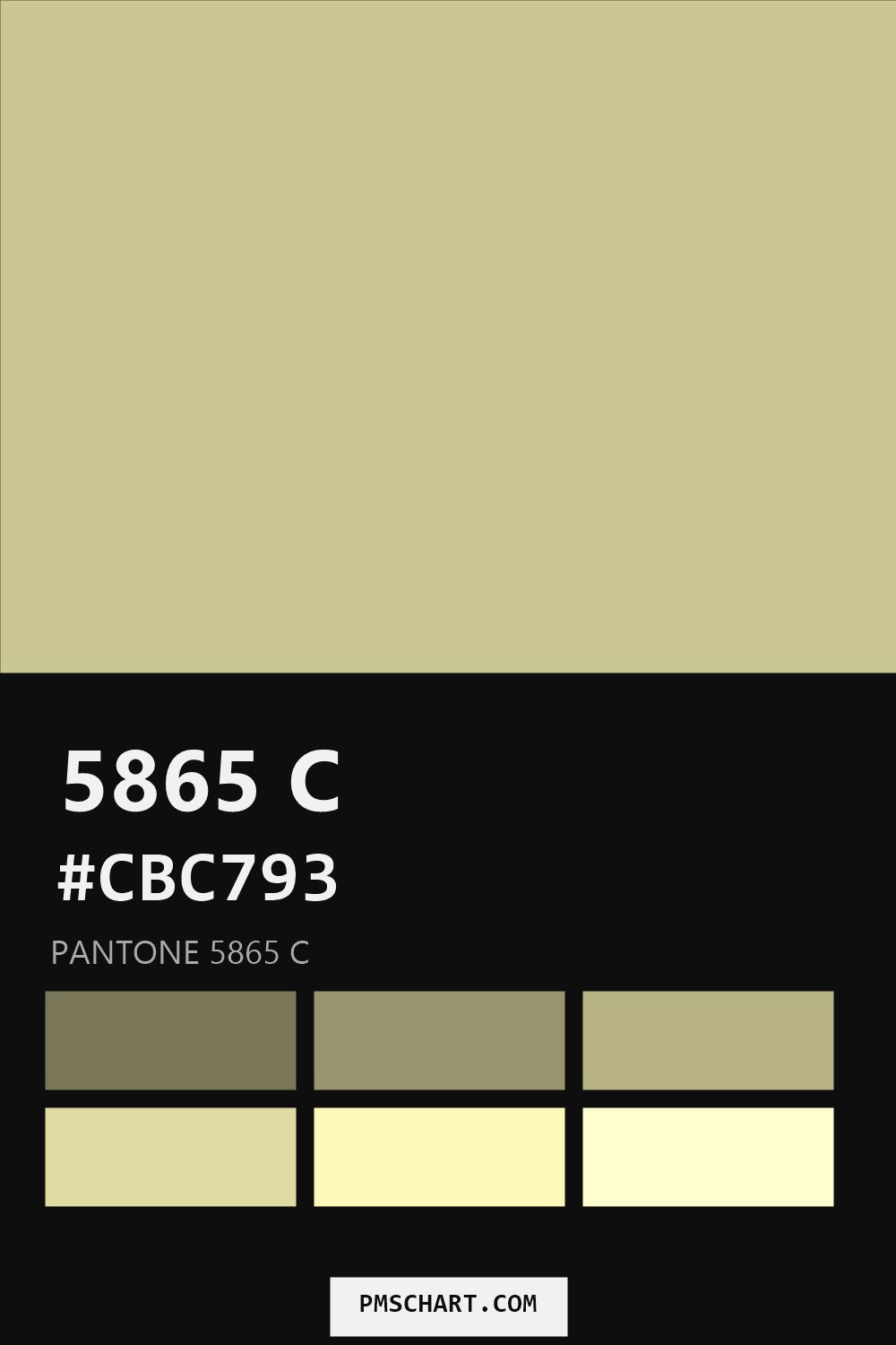 Pantone 5865 C color reference card (HEX #CBC793) with six nearest Pantone matches