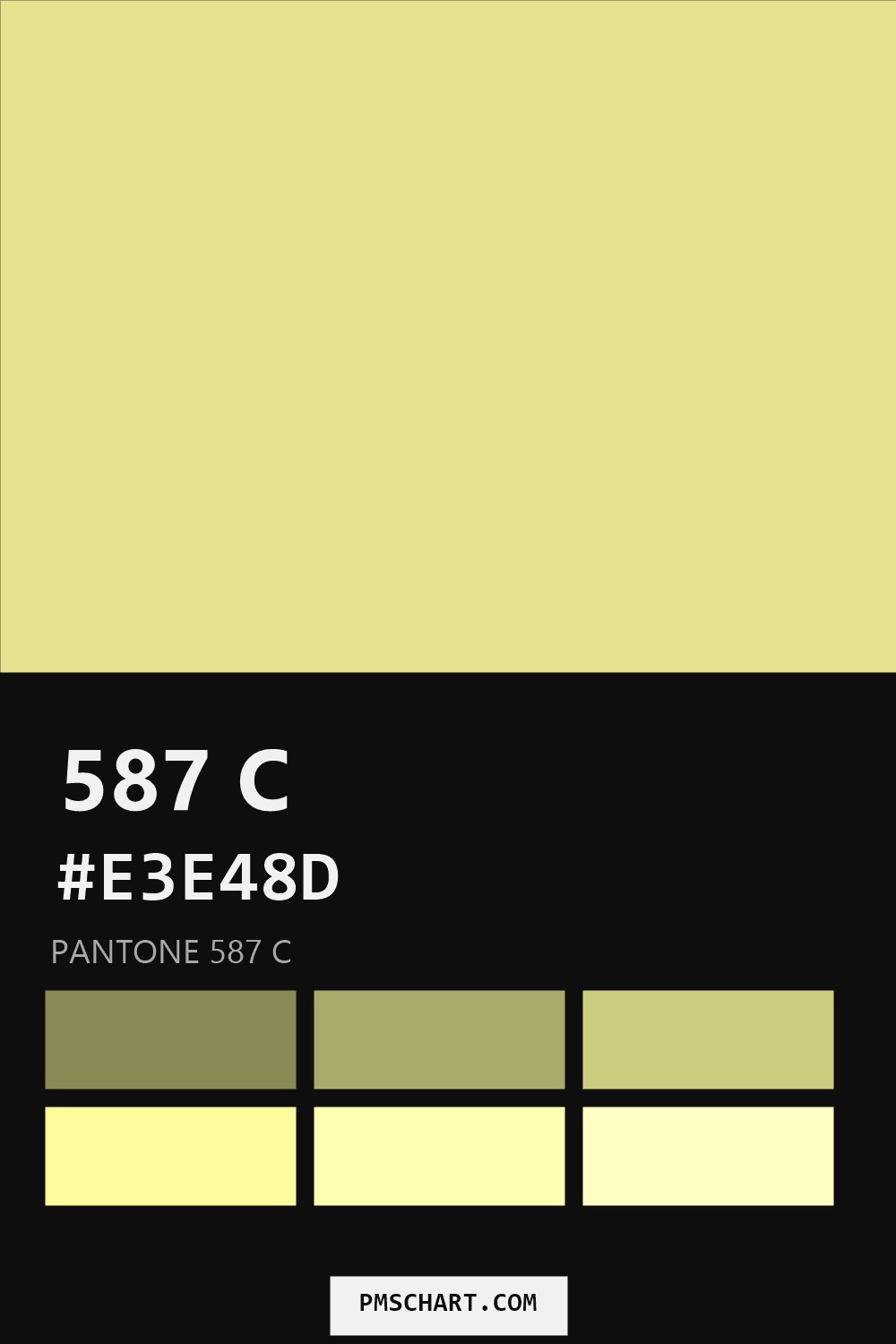 Pantone 587 C color reference card (HEX #E3E48D) with six nearest Pantone matches