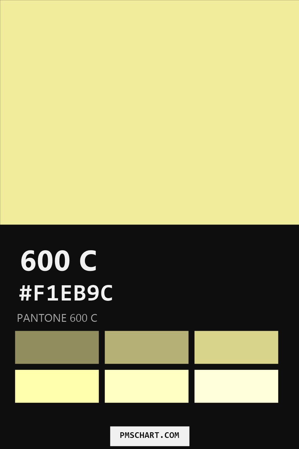 Pantone 600 C color reference card (HEX #F1EB9C) with six nearest Pantone matches