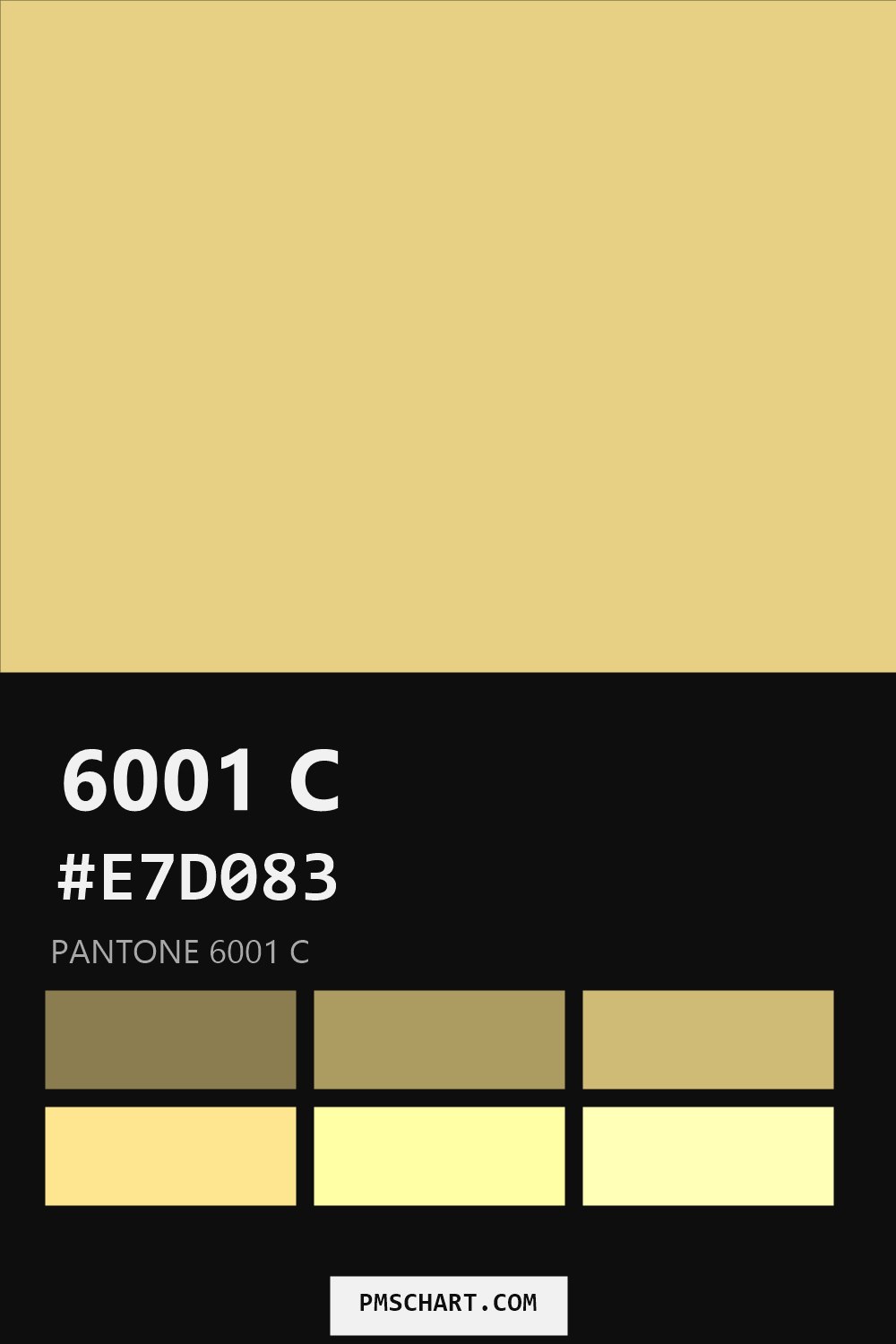 Pantone 6001 C color reference card (HEX #E7D083) with six nearest Pantone matches