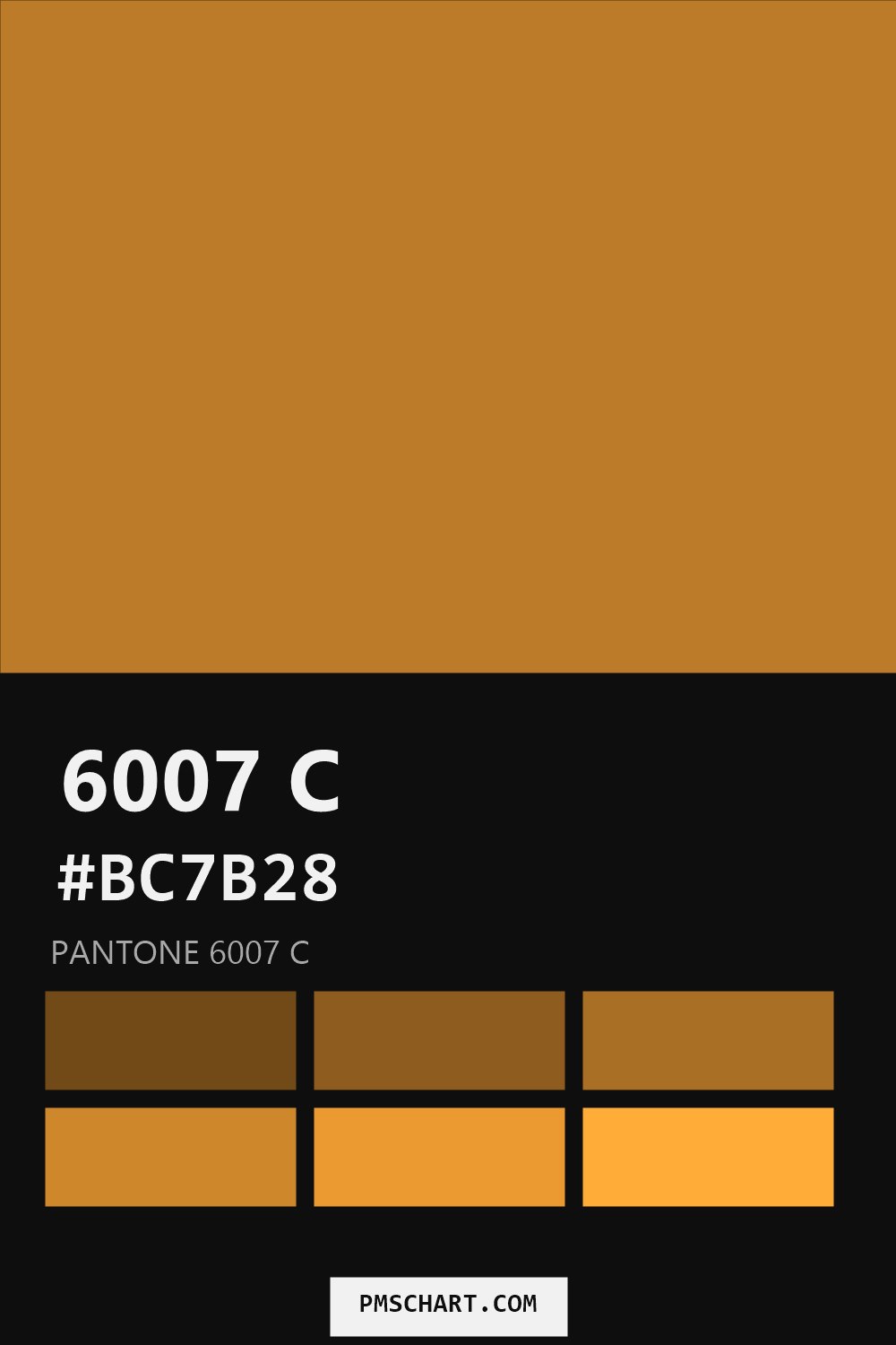 Pantone 6007 C color reference card (HEX #BC7B28) with six nearest Pantone matches