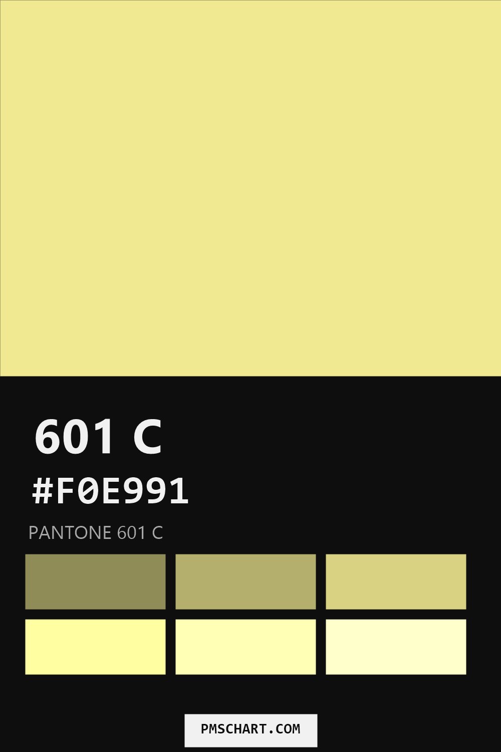Pantone 601 C color reference card (HEX #F0E991) with six nearest Pantone matches