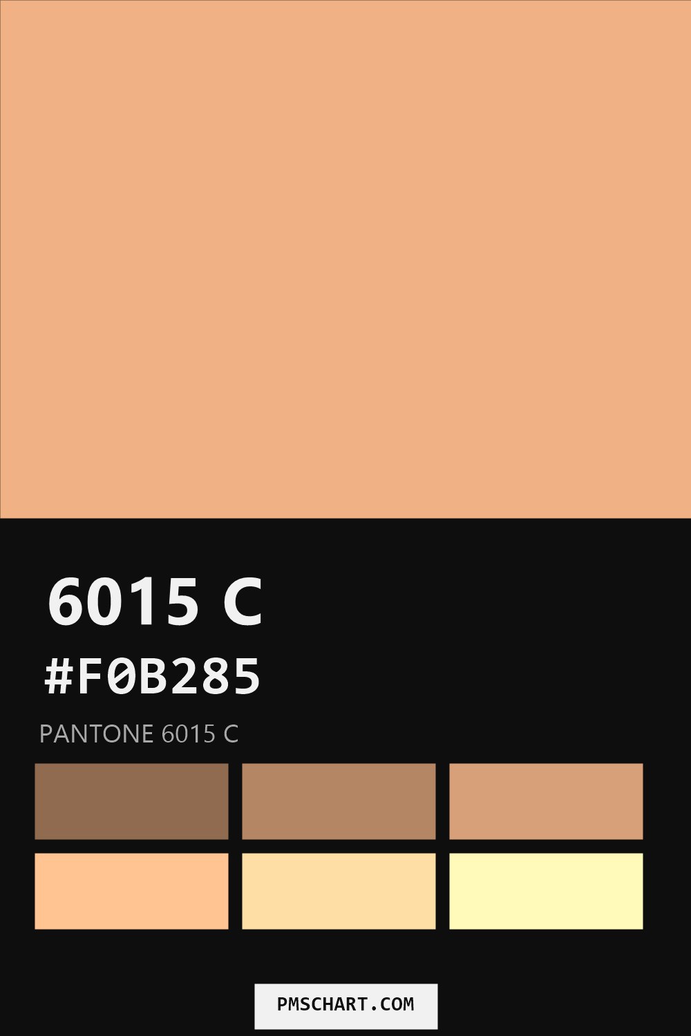 Pantone 6015 C color reference card (HEX #F0B285) with six nearest Pantone matches