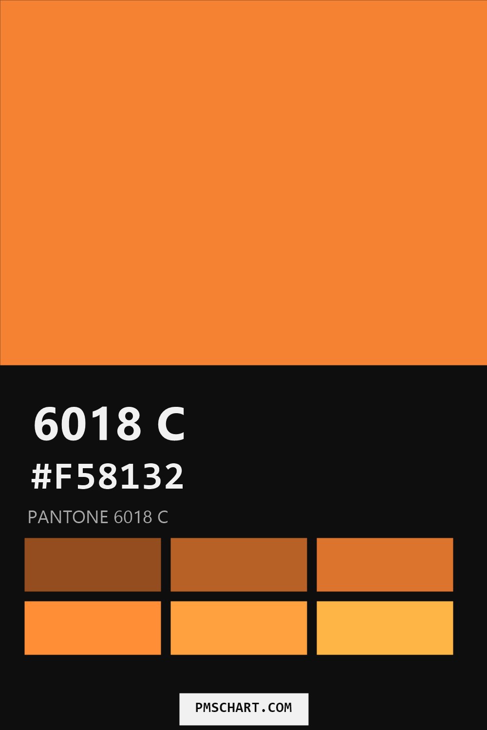 Pantone 6018 C color reference card (HEX #F58132) with six nearest Pantone matches