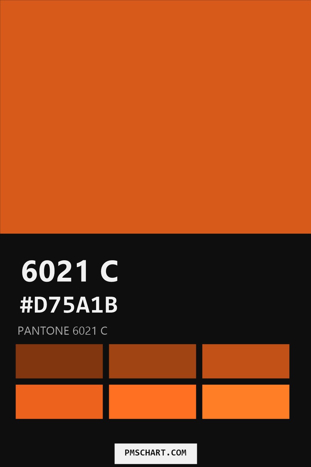 Pantone 6021 C color reference card (HEX #D75A1B) with six nearest Pantone matches