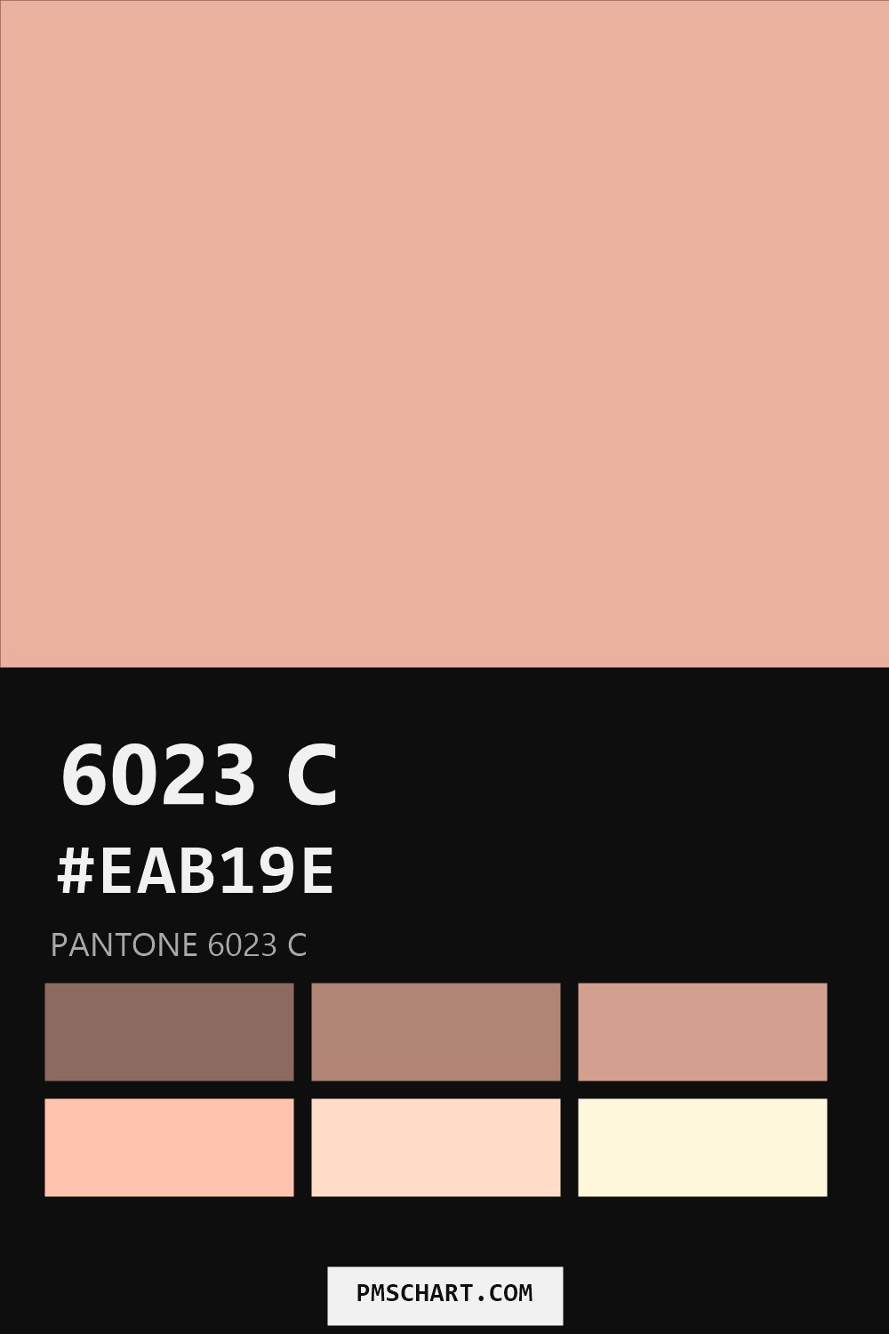Pantone 6023 C color reference card (HEX #EAB19E) with six nearest Pantone matches