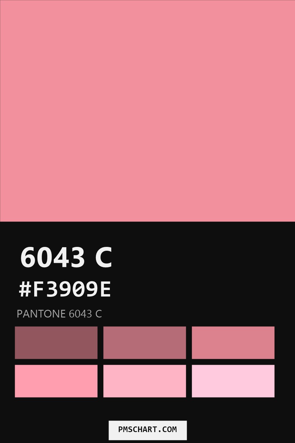 Pantone 6043 C color reference card (HEX #F3909E) with six nearest Pantone matches