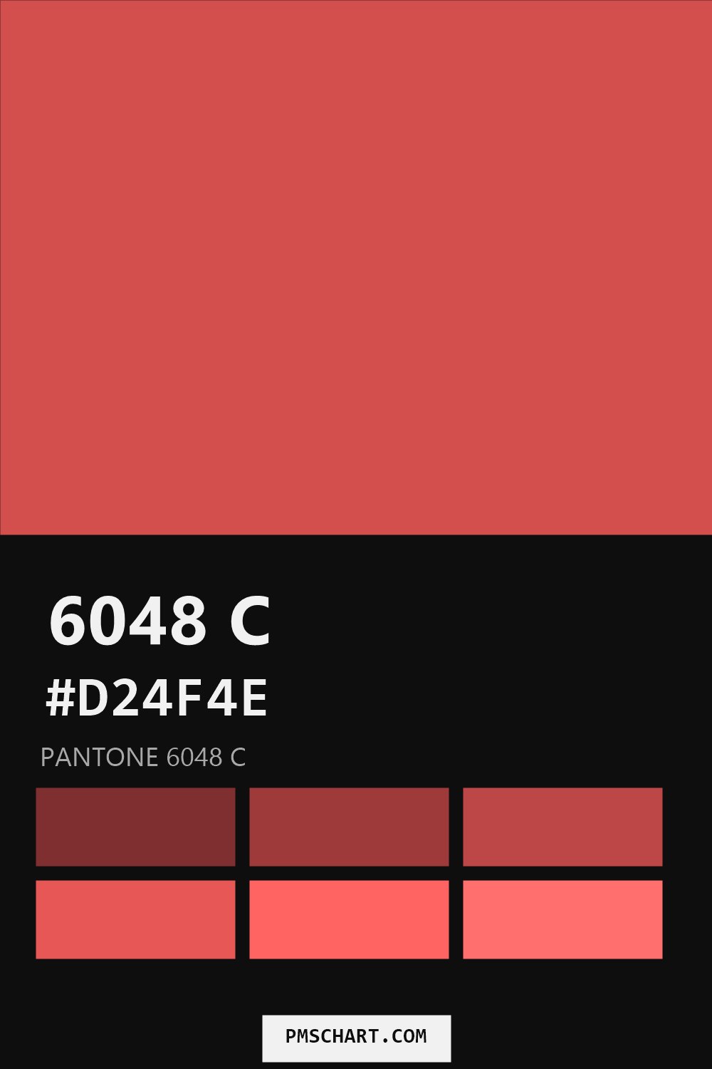 Pantone 6048 C color reference card (HEX #D24F4E) with six nearest Pantone matches