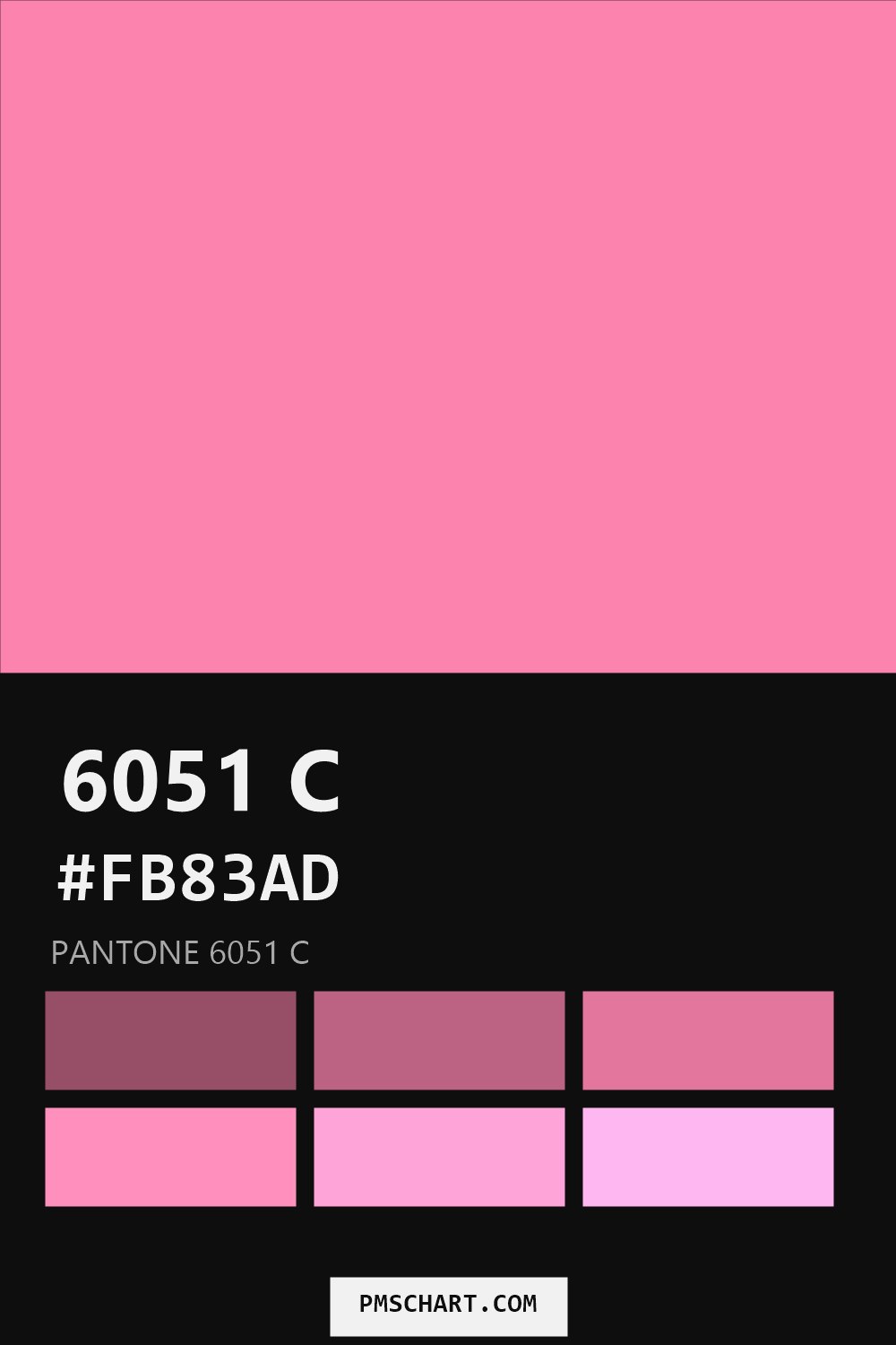 Pantone 6051 C color reference card (HEX #FB83AD) with six nearest Pantone matches