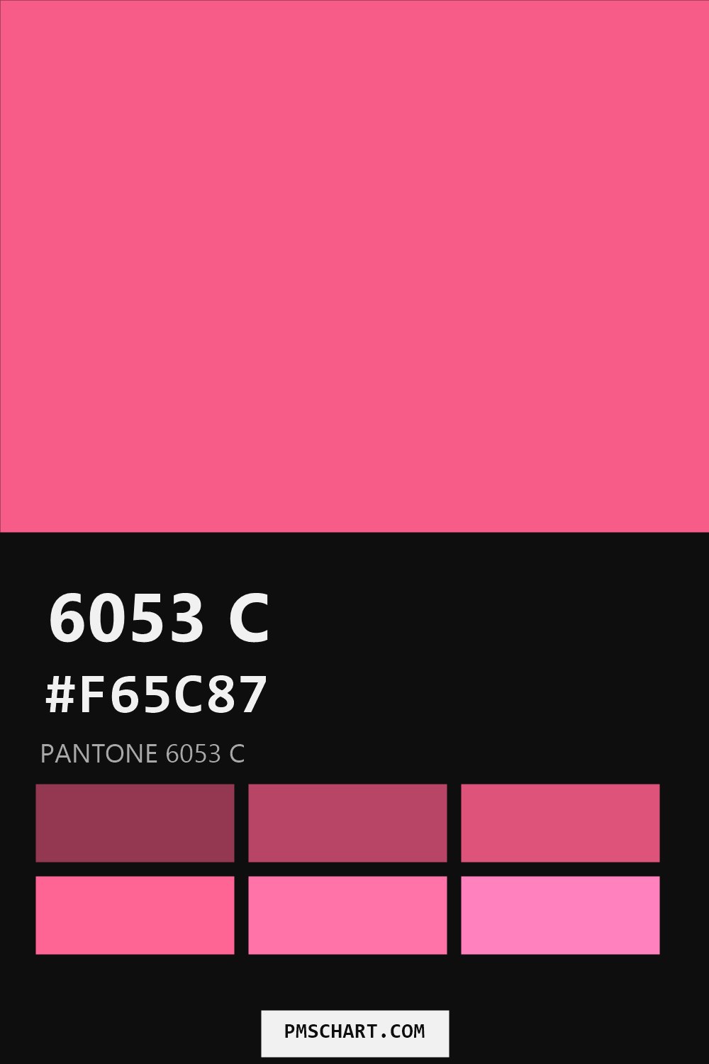 Pantone 6053 C color reference card (HEX #F65C87) with six nearest Pantone matches