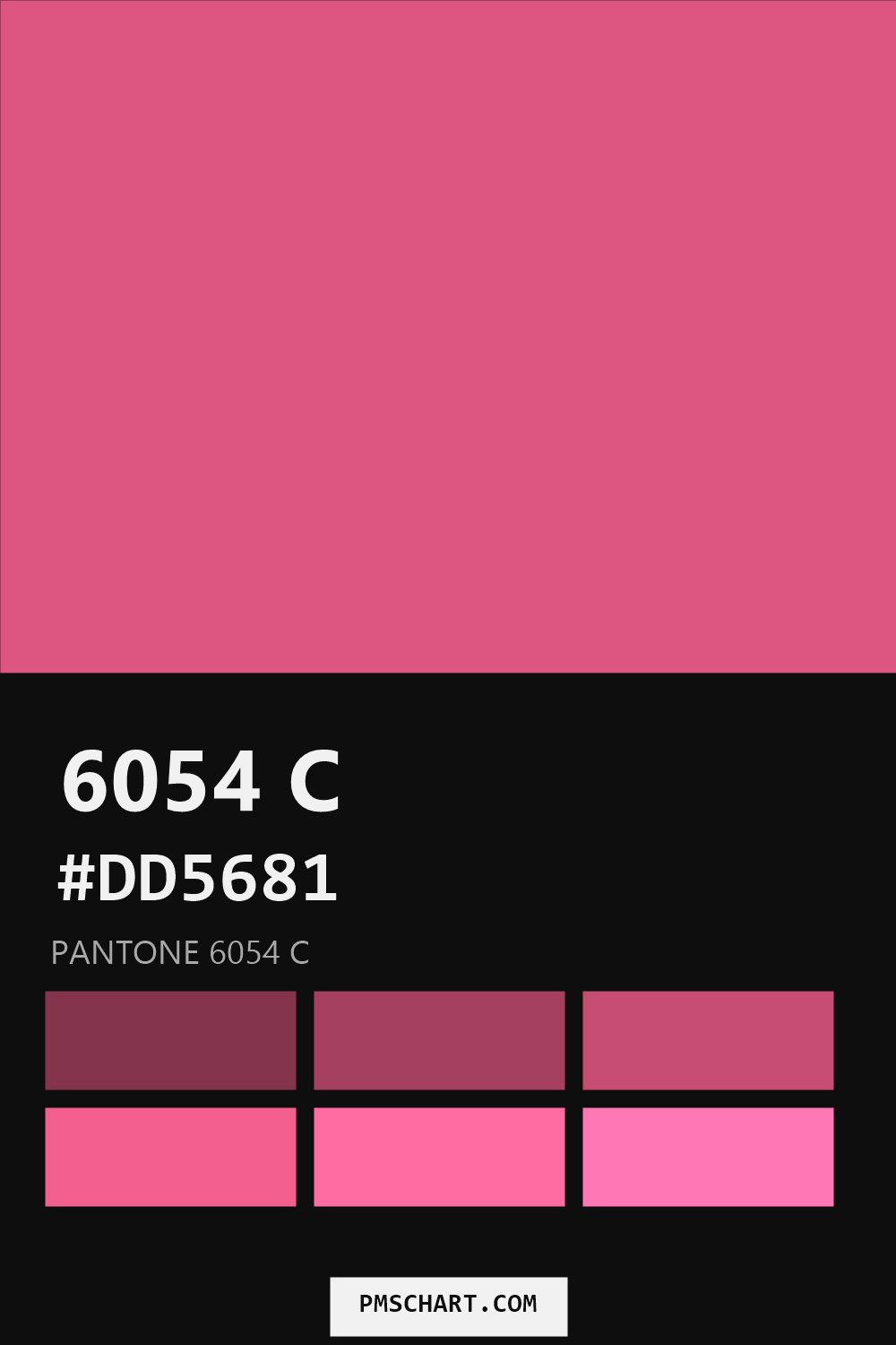 Pantone 6054 C color reference card (HEX #DD5681) with six nearest Pantone matches