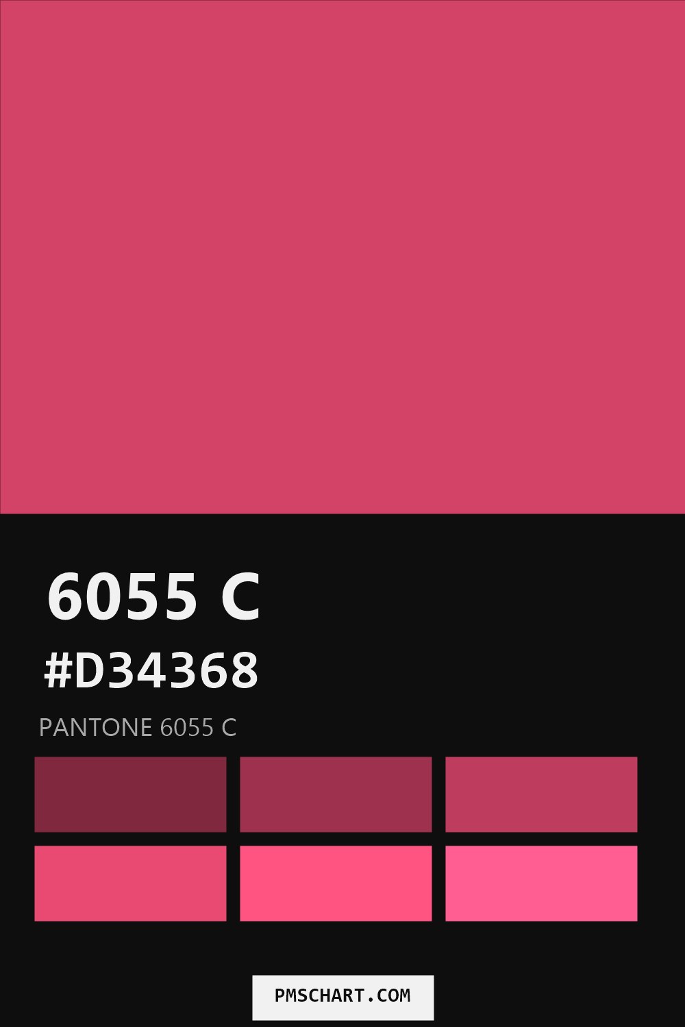 Pantone 6055 C color reference card (HEX #D34368) with six nearest Pantone matches