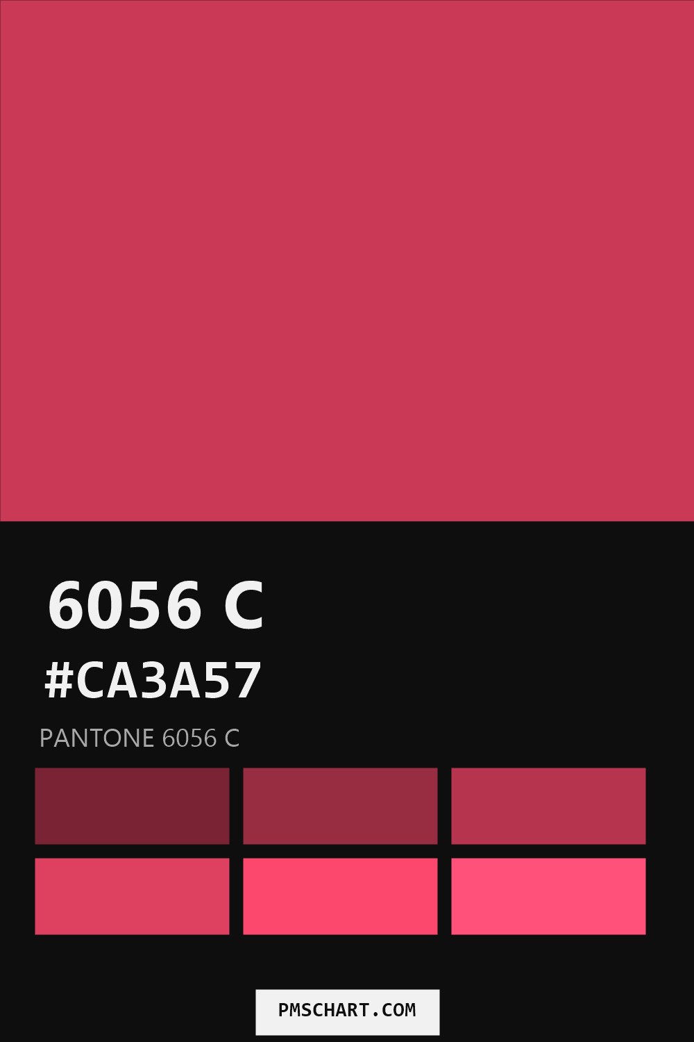 Pantone 6056 C color reference card (HEX #CA3A57) with six nearest Pantone matches