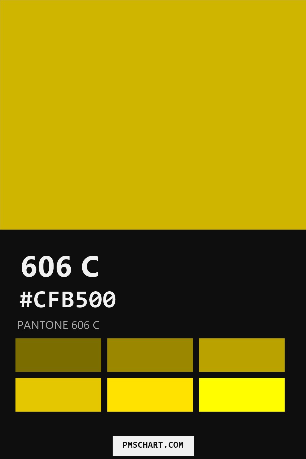 Pantone 606 C color reference card (HEX #CFB500) with six nearest Pantone matches