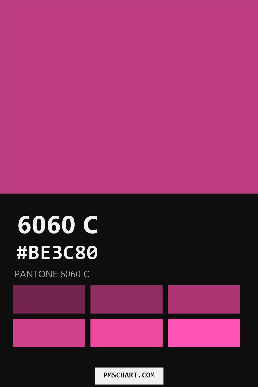 Pantone 6060 C color reference card (HEX #BE3C80) with six nearest Pantone matches