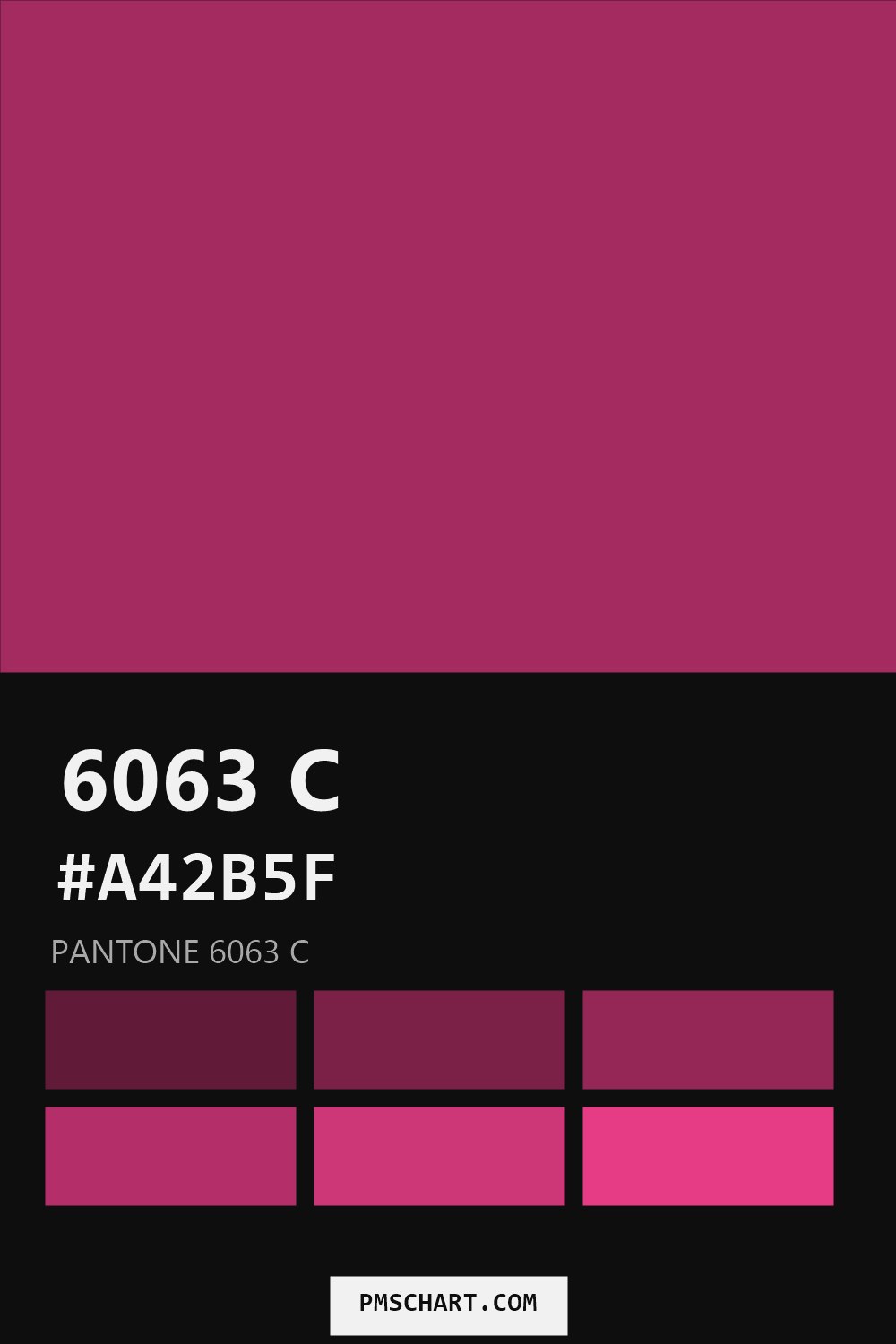 Pantone 6063 C color reference card (HEX #A42B5F) with six nearest Pantone matches
