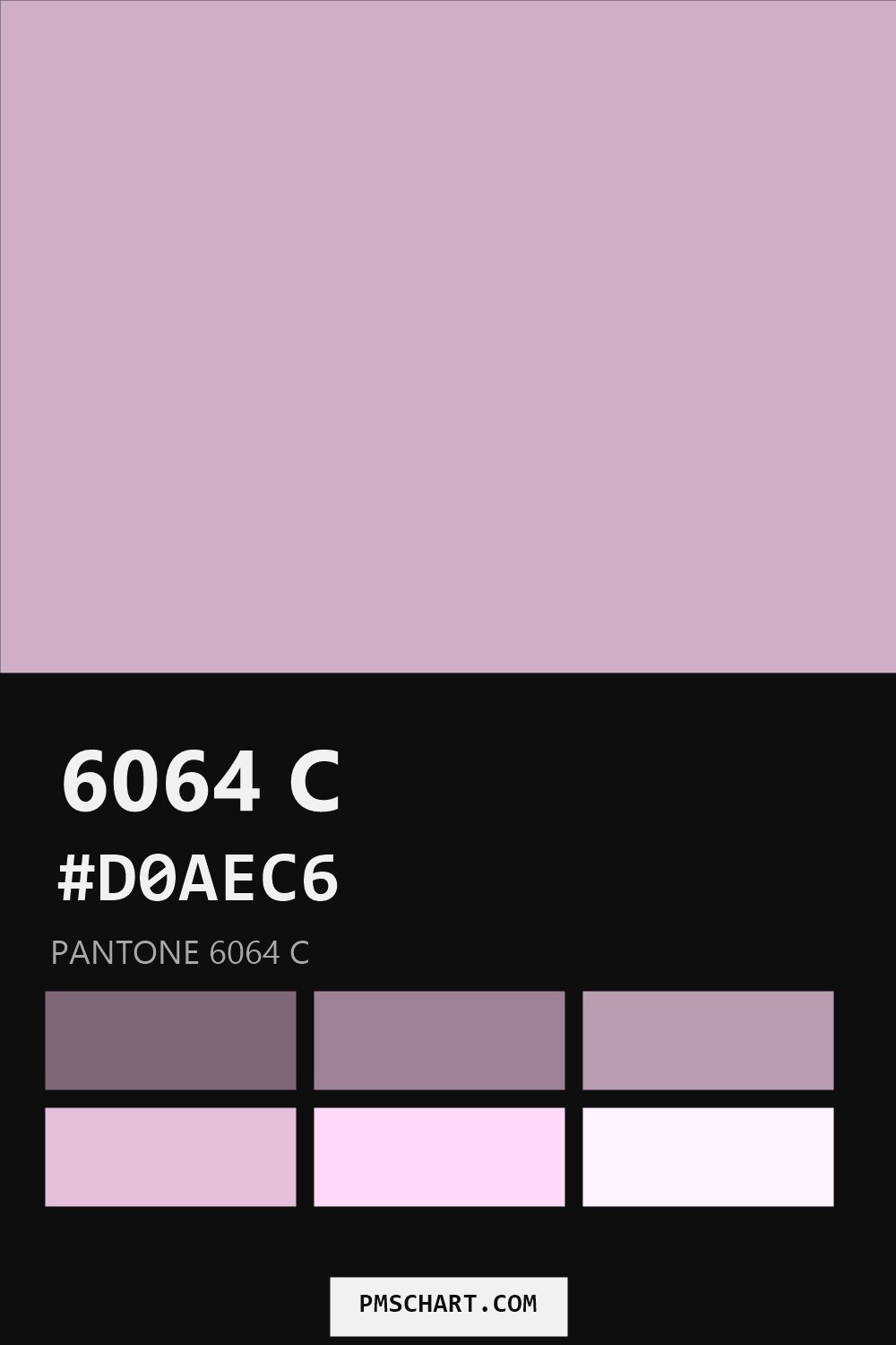 Pantone 6064 C color reference card (HEX #D0AEC6) with six nearest Pantone matches