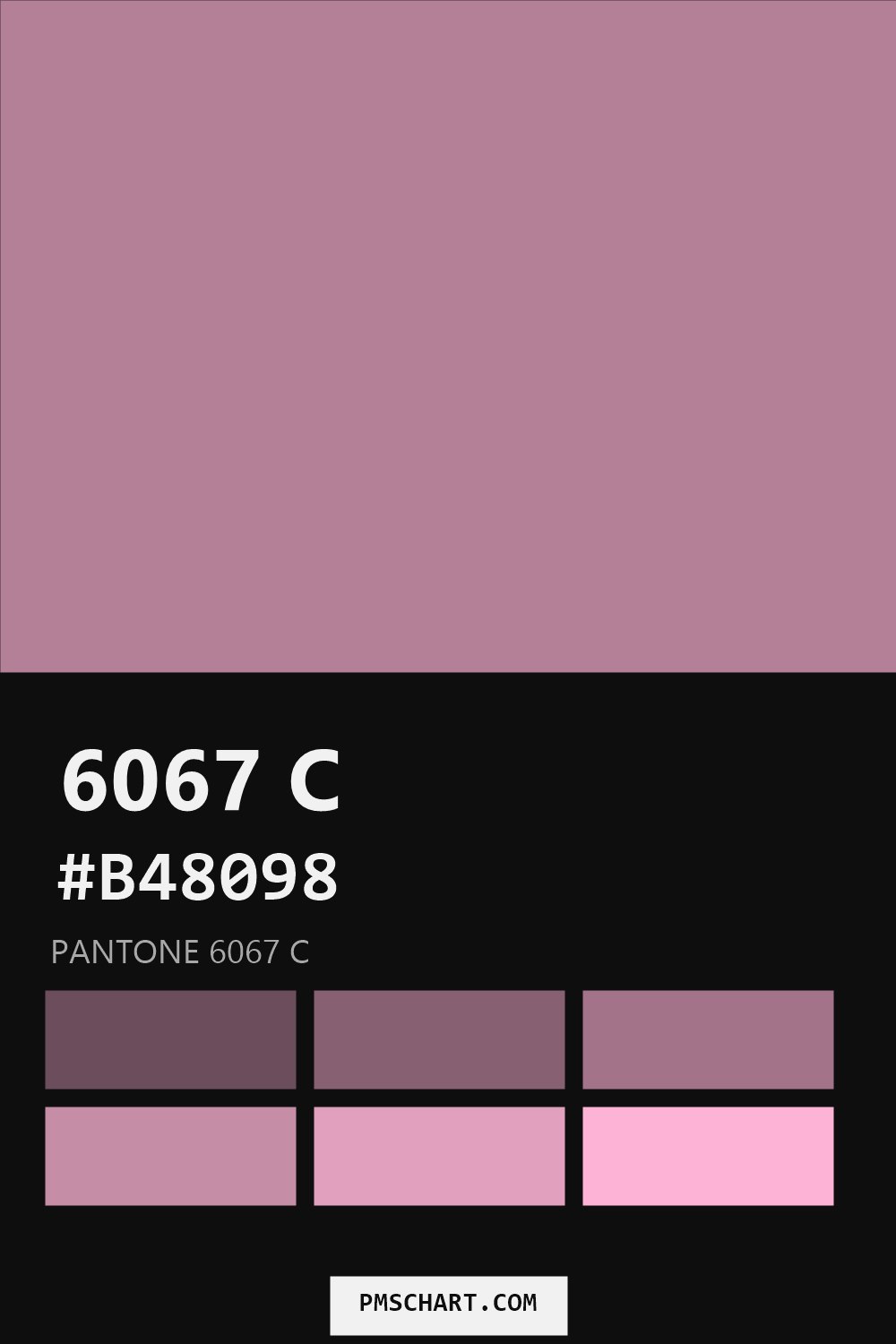 Pantone 6067 C color reference card (HEX #B48098) with six nearest Pantone matches
