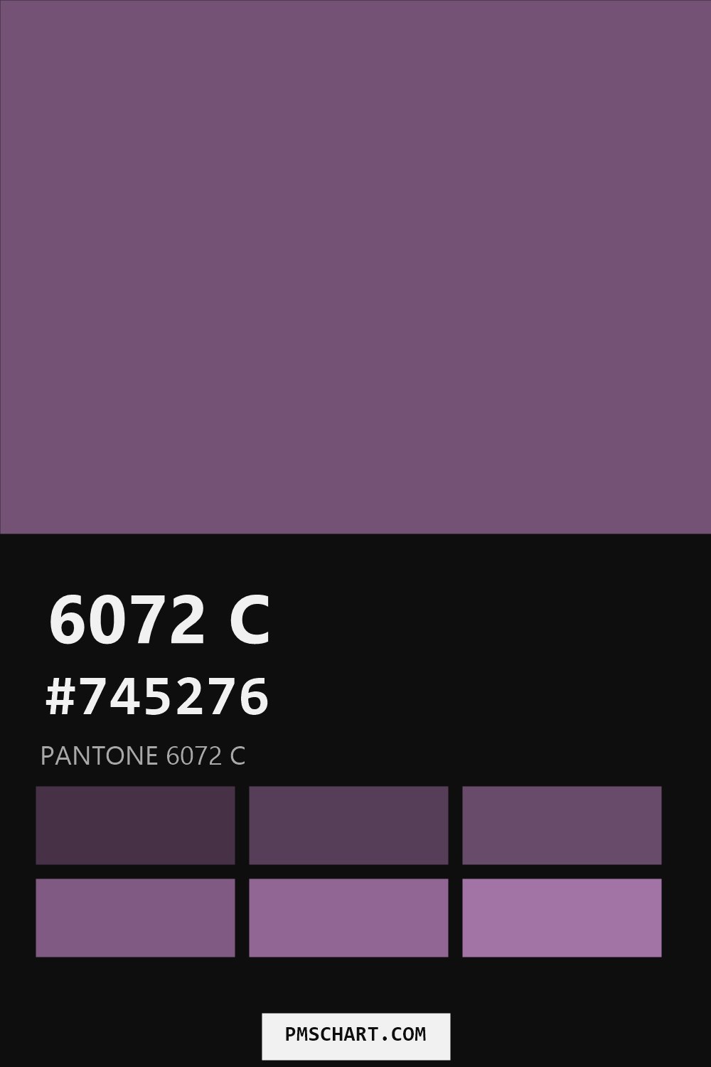 Pantone 6072 C color reference card (HEX #745276) with six nearest Pantone matches