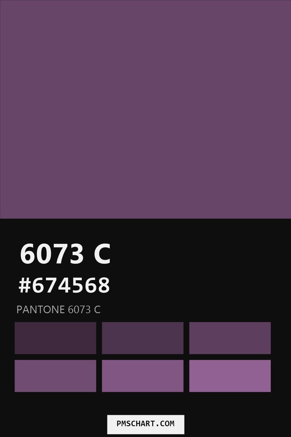 Pantone 6073 C color reference card (HEX #674568) with six nearest Pantone matches