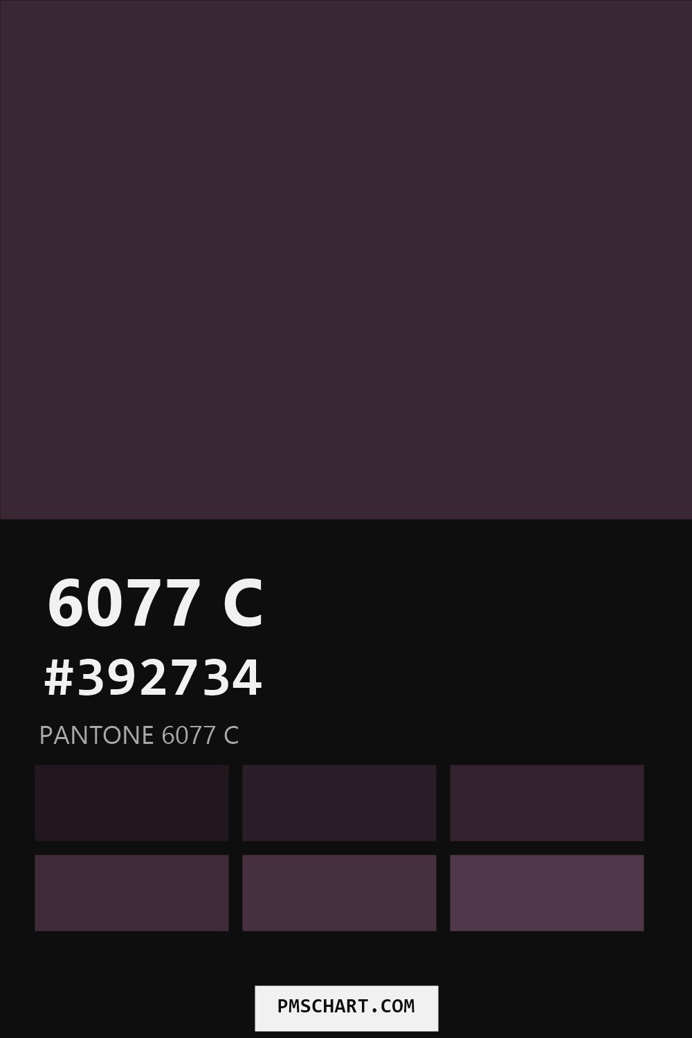 Pantone 6077 C color reference card (HEX #392734) with six nearest Pantone matches