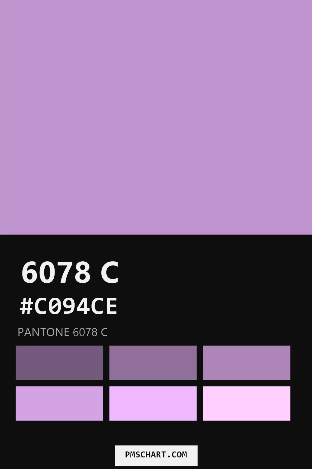 Pantone 6078 C color reference card (HEX #C094CE) with six nearest Pantone matches