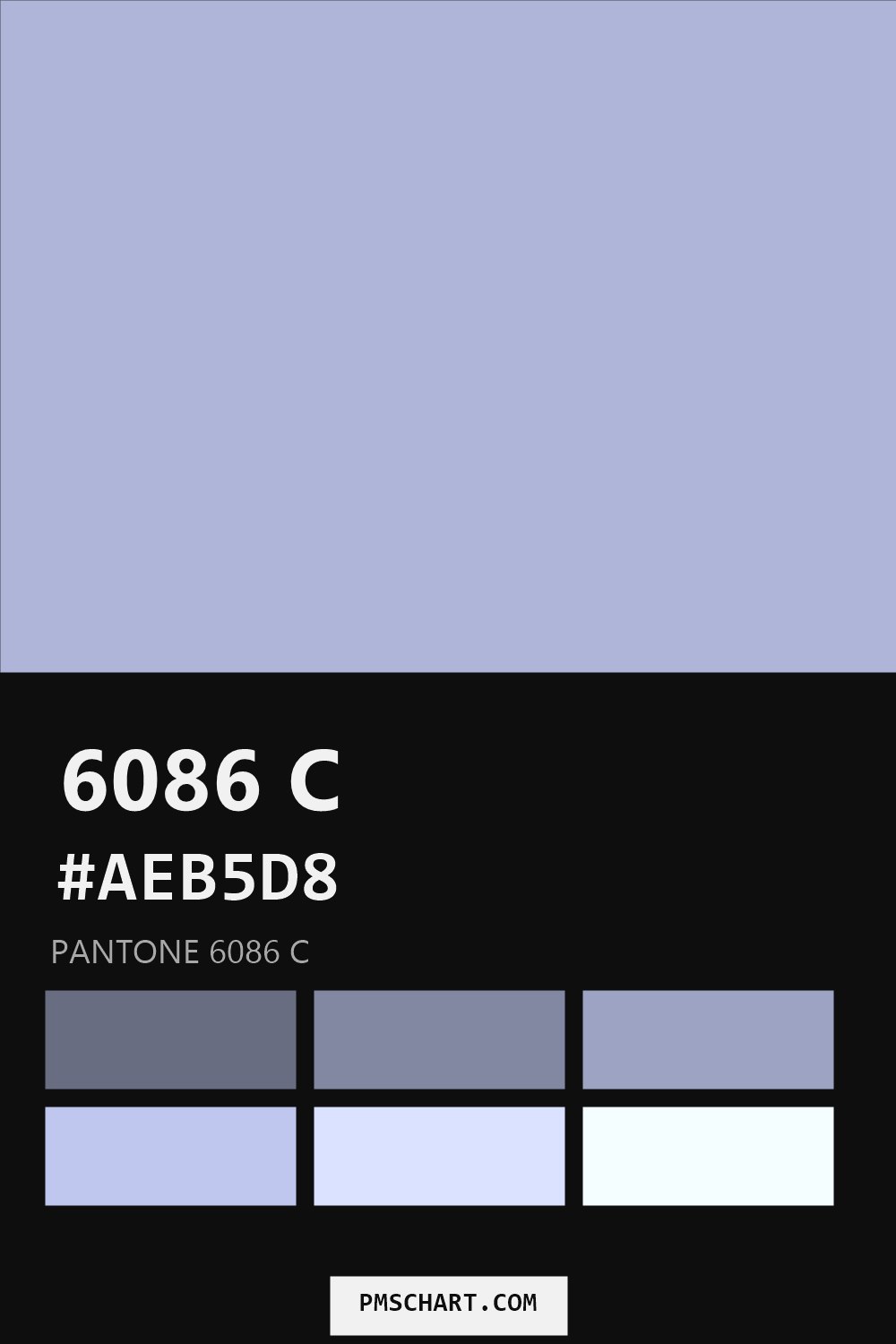 Pantone 6086 C color reference card (HEX #AEB5D8) with six nearest Pantone matches