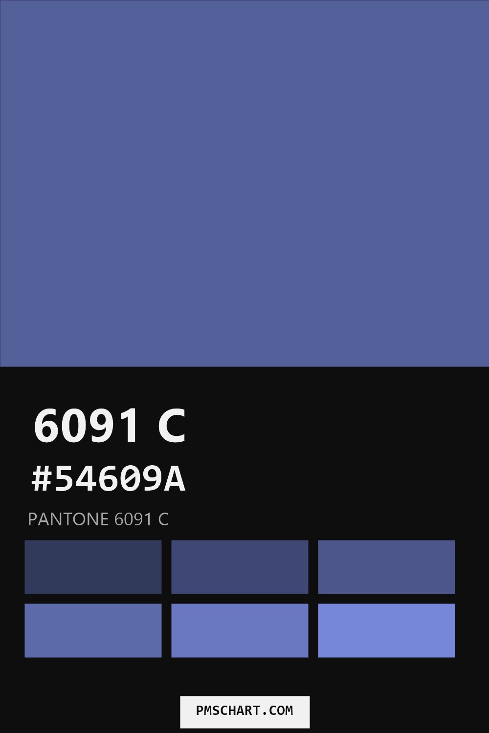 Pantone 6091 C color reference card (HEX #54609A) with six nearest Pantone matches