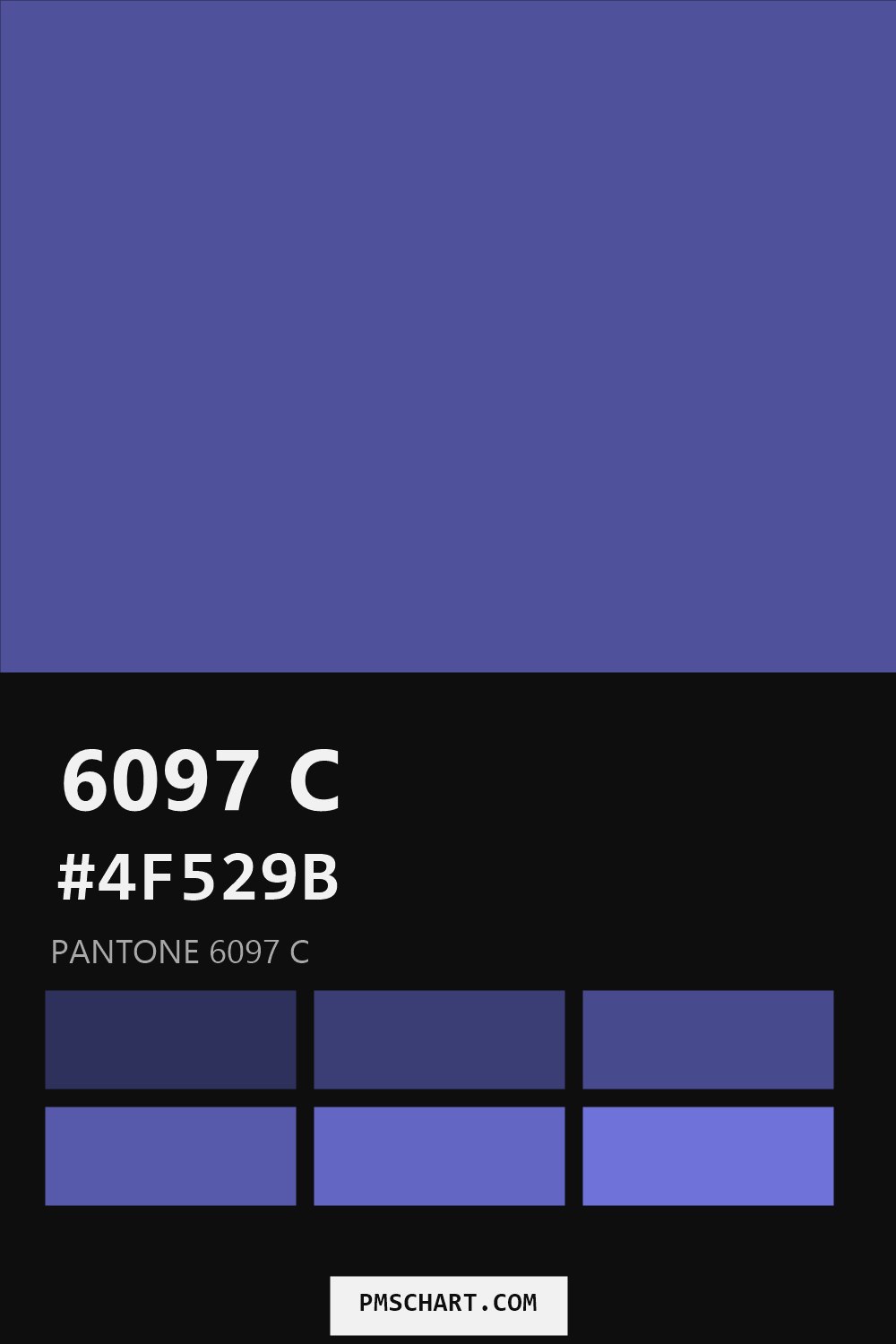 Pantone 6097 C color reference card (HEX #4F529B) with six nearest Pantone matches