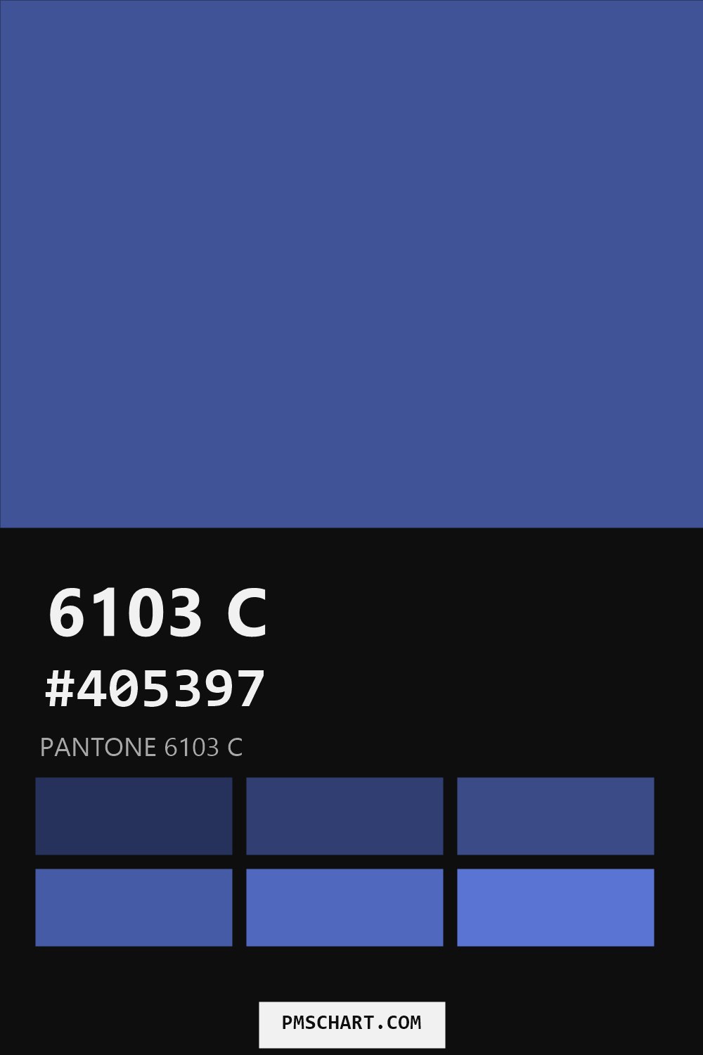 Pantone 6103 C color reference card (HEX #405397) with six nearest Pantone matches