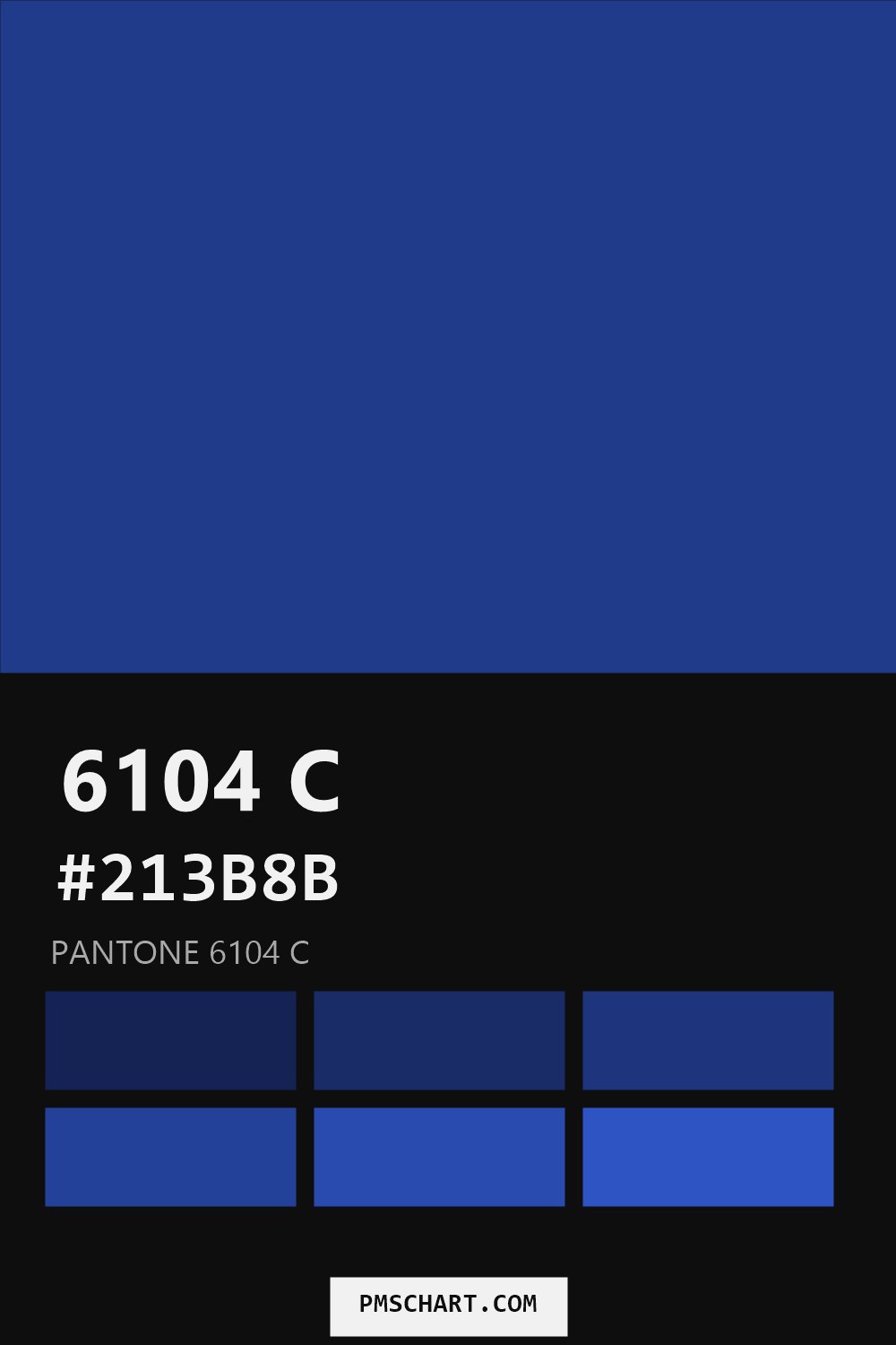 Pantone 6104 C color reference card (HEX #213B8B) with six nearest Pantone matches