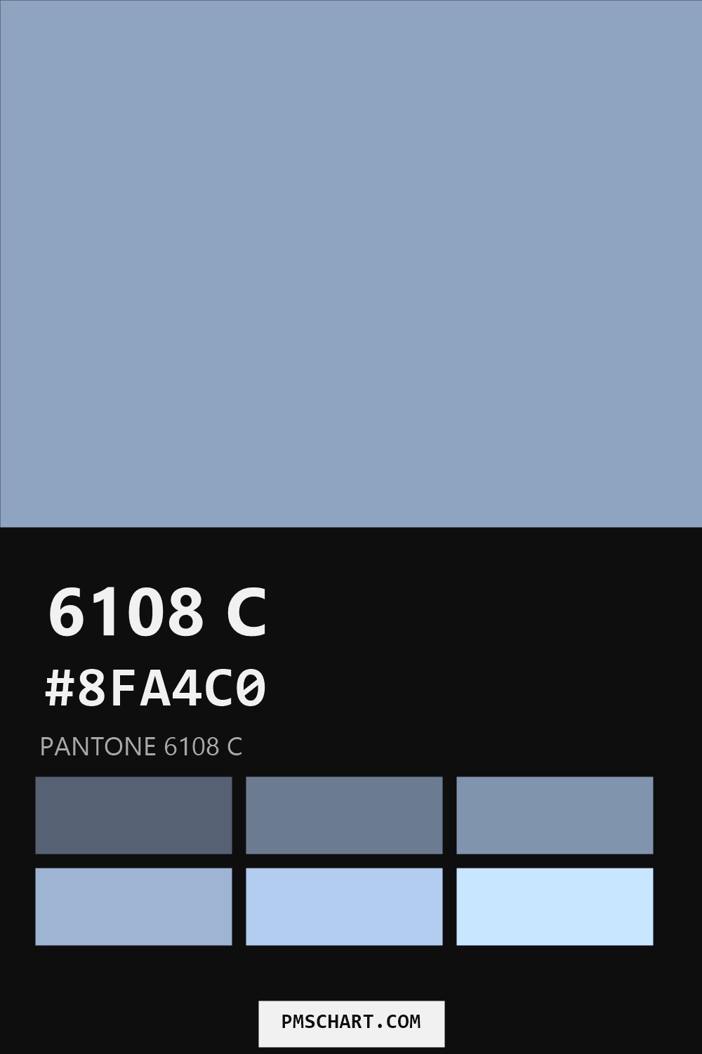 Pantone 6108 C color reference card (HEX #8FA4C0) with six nearest Pantone matches
