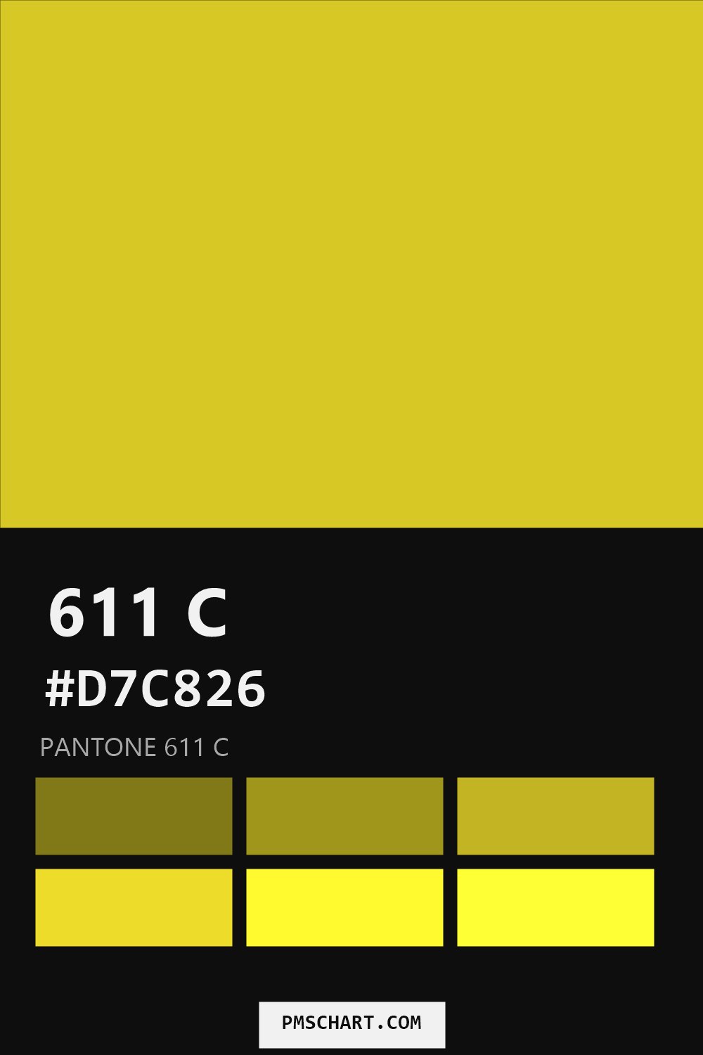 Pantone 611 C color reference card (HEX #D7C826) with six nearest Pantone matches