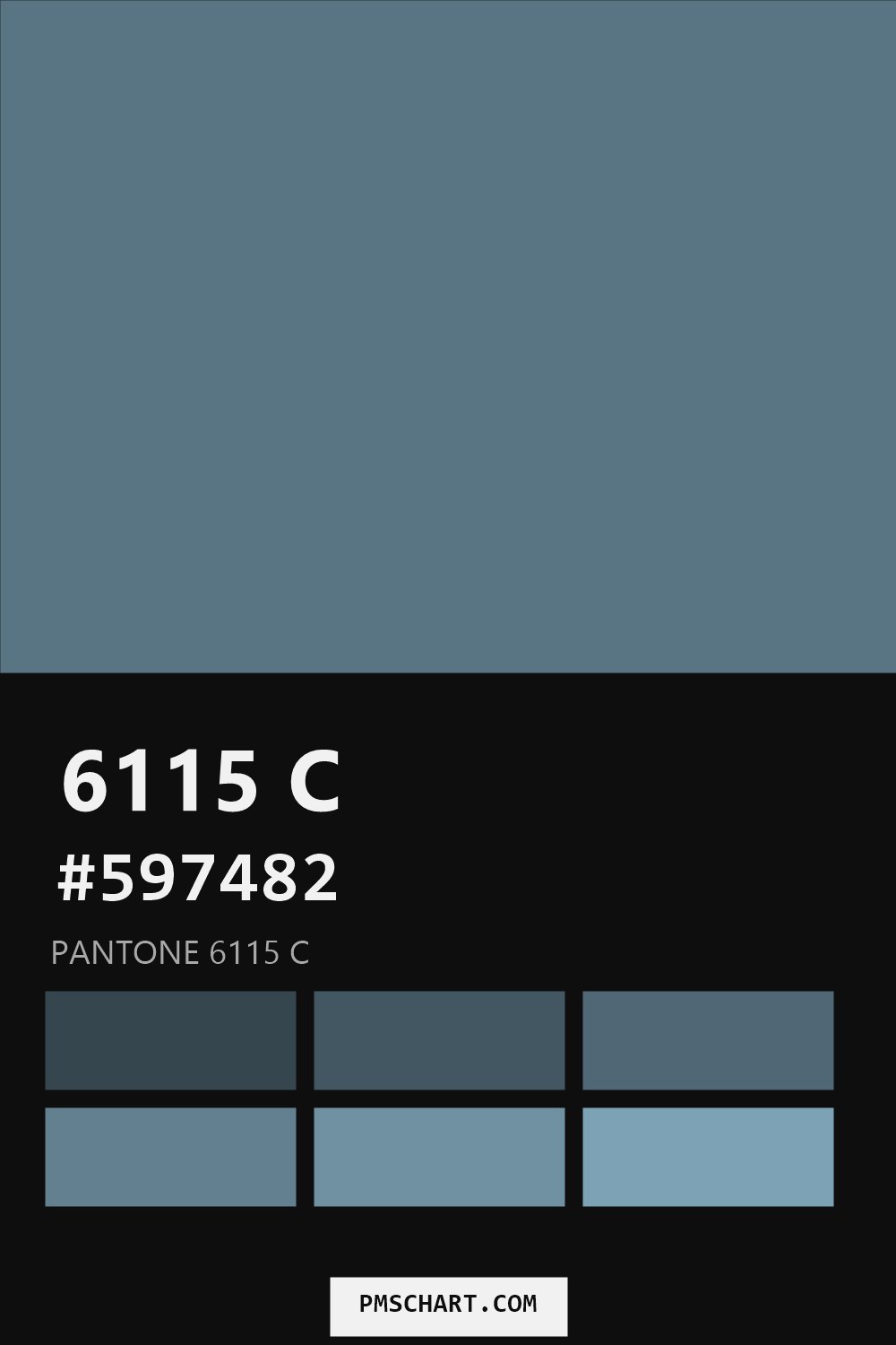 Pantone 6115 C color reference card (HEX #597482) with six nearest Pantone matches