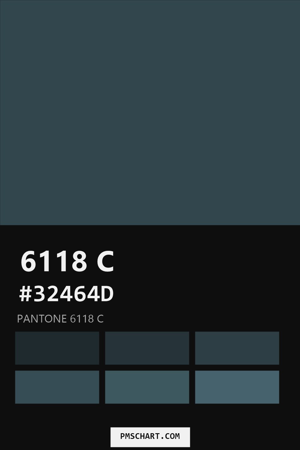 Pantone 6118 C color reference card (HEX #32464D) with six nearest Pantone matches